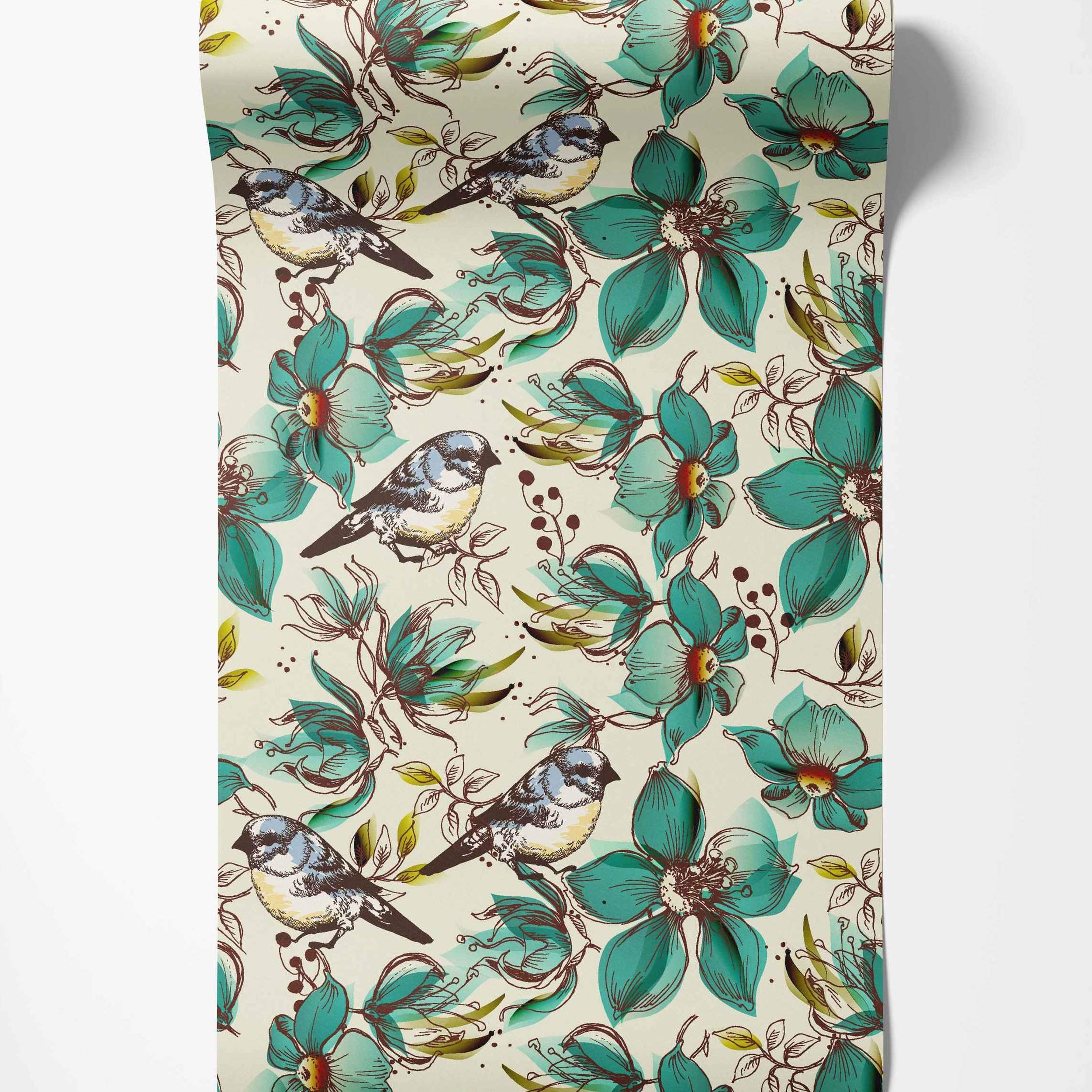 Wallpaper featuring illustrated teal flowers and blue birds with brown outlines and olive leaves on a cream background.