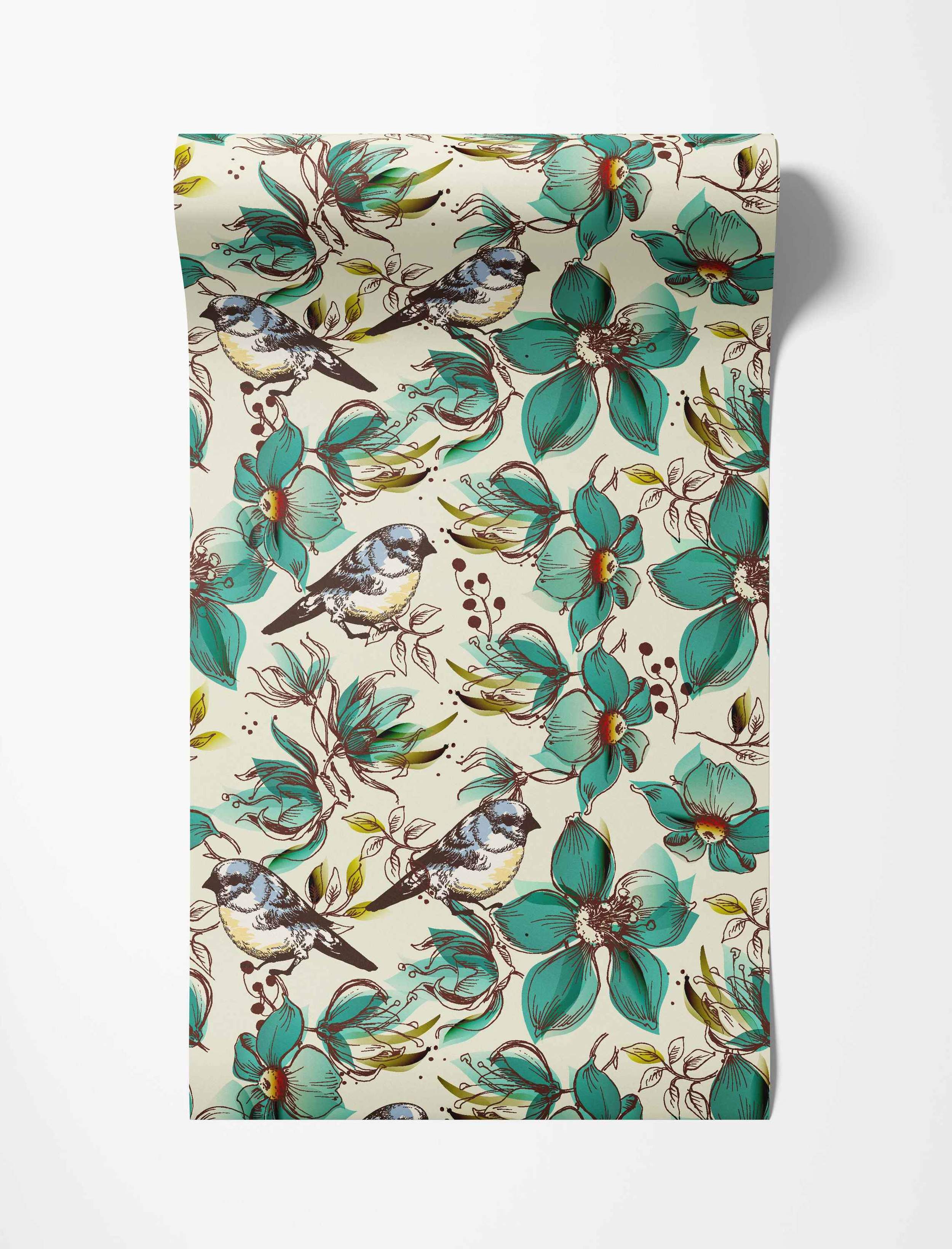 Wallpaper featuring illustrated teal flowers and blue birds with brown outlines and olive leaves on a cream background.