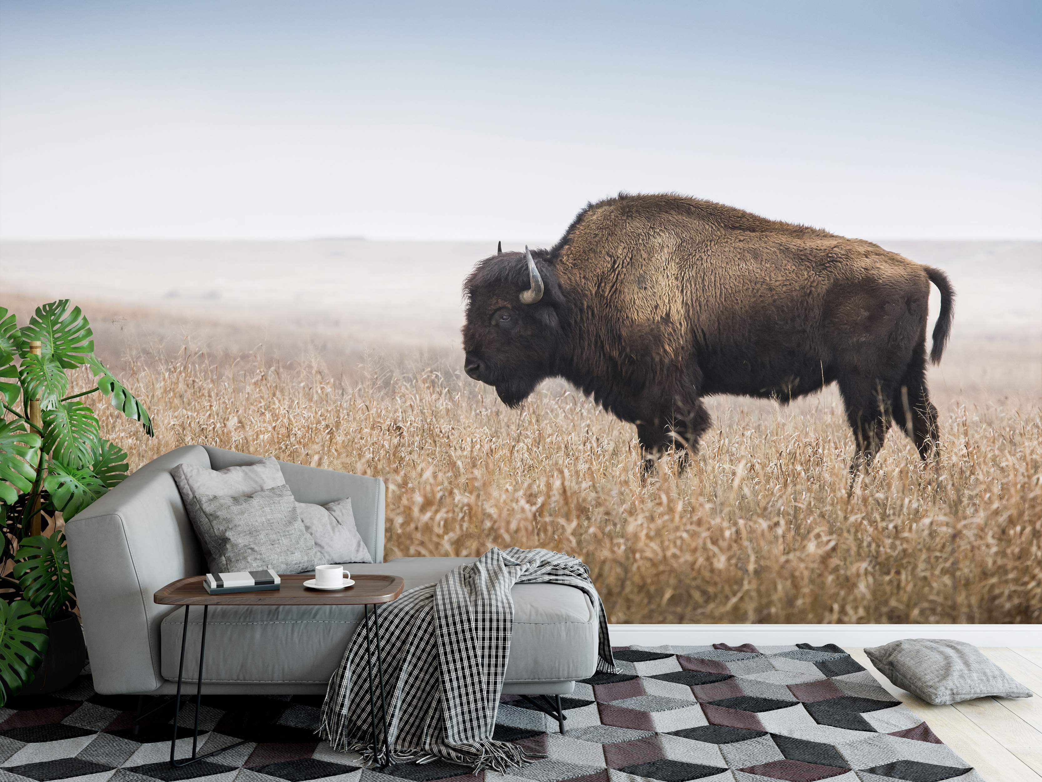 Wall mural depicting a large brown bison standing sideways in a field of dry tan grass under a pale hazy blue sky.