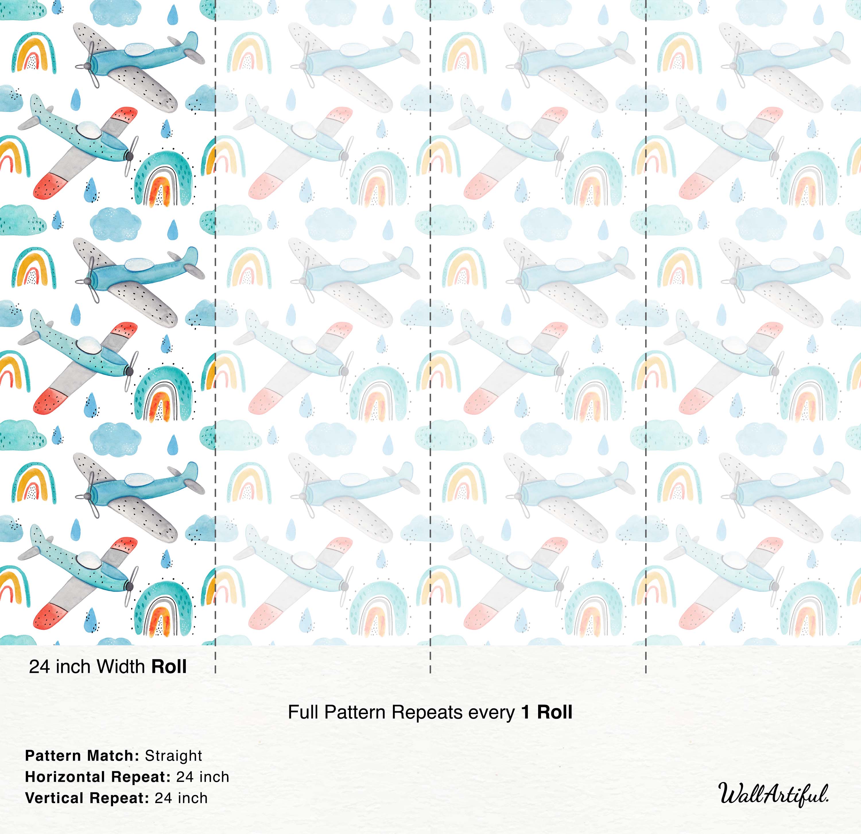 Watercolor wallpaper featuring blue airplanes, colorful rainbows, light blue clouds, and blue raindrops, repeated on a white background.