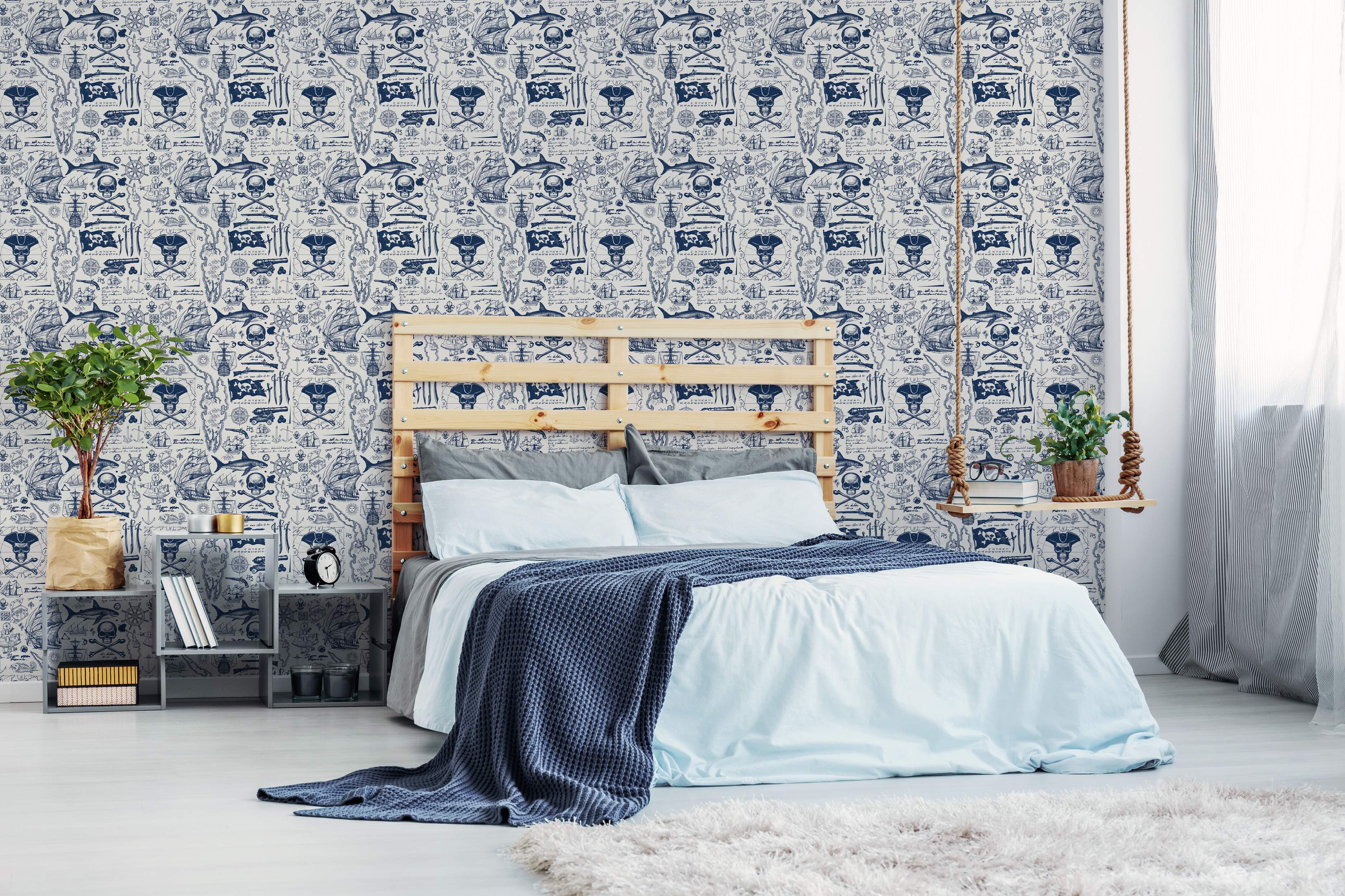 Blue and white iconic pattern wallpaper with intricate designs
