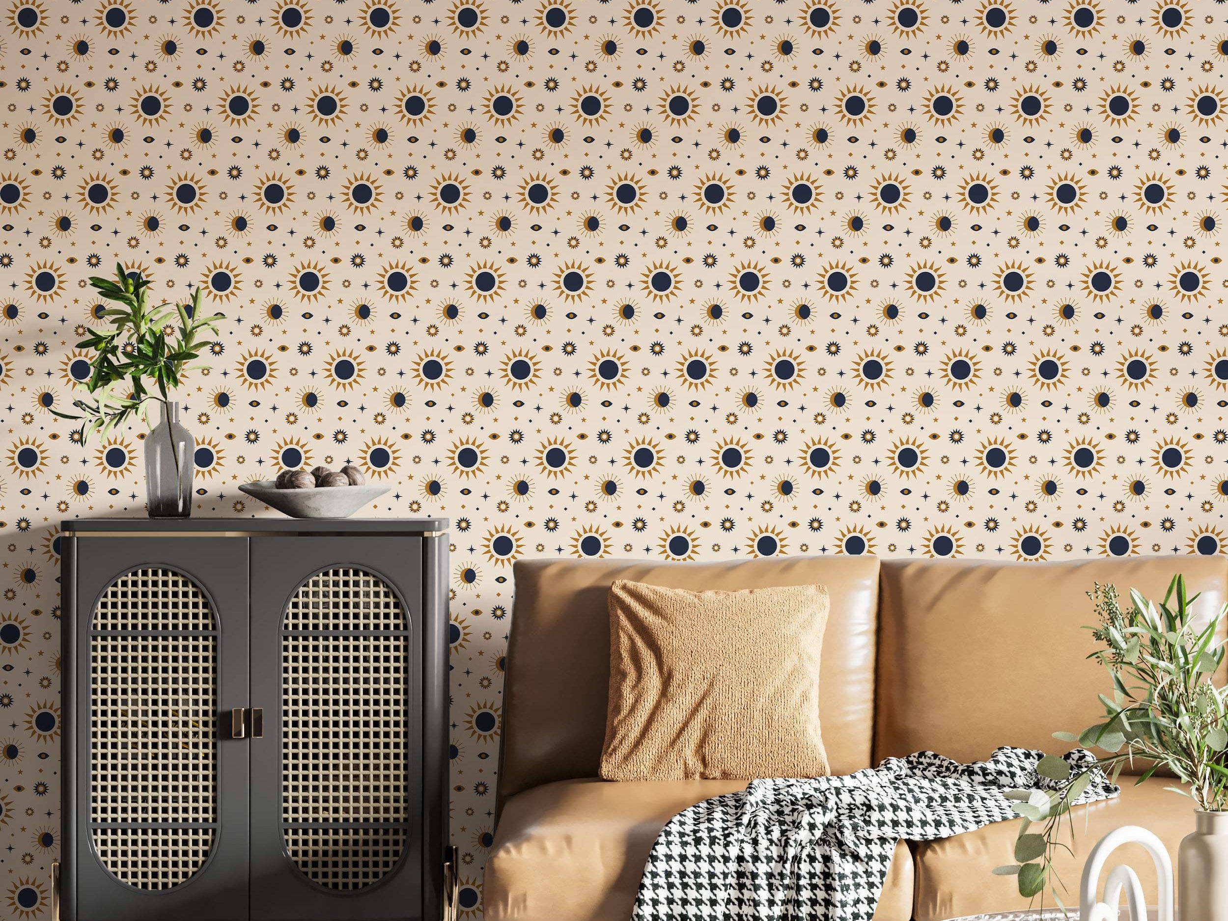 Beige wallpaper with blue and gold radial star pattern.