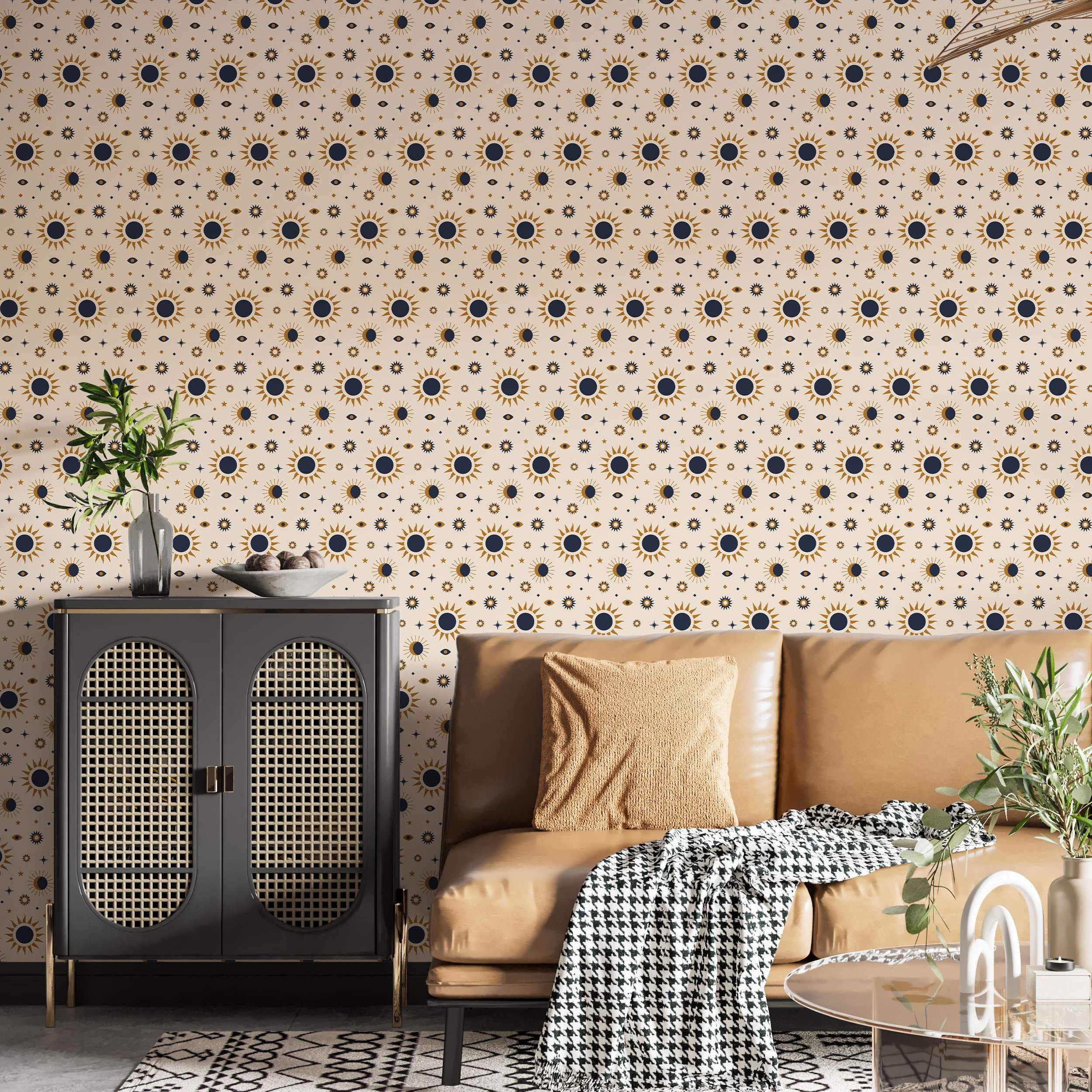 Beige wallpaper with blue and gold radial star pattern.