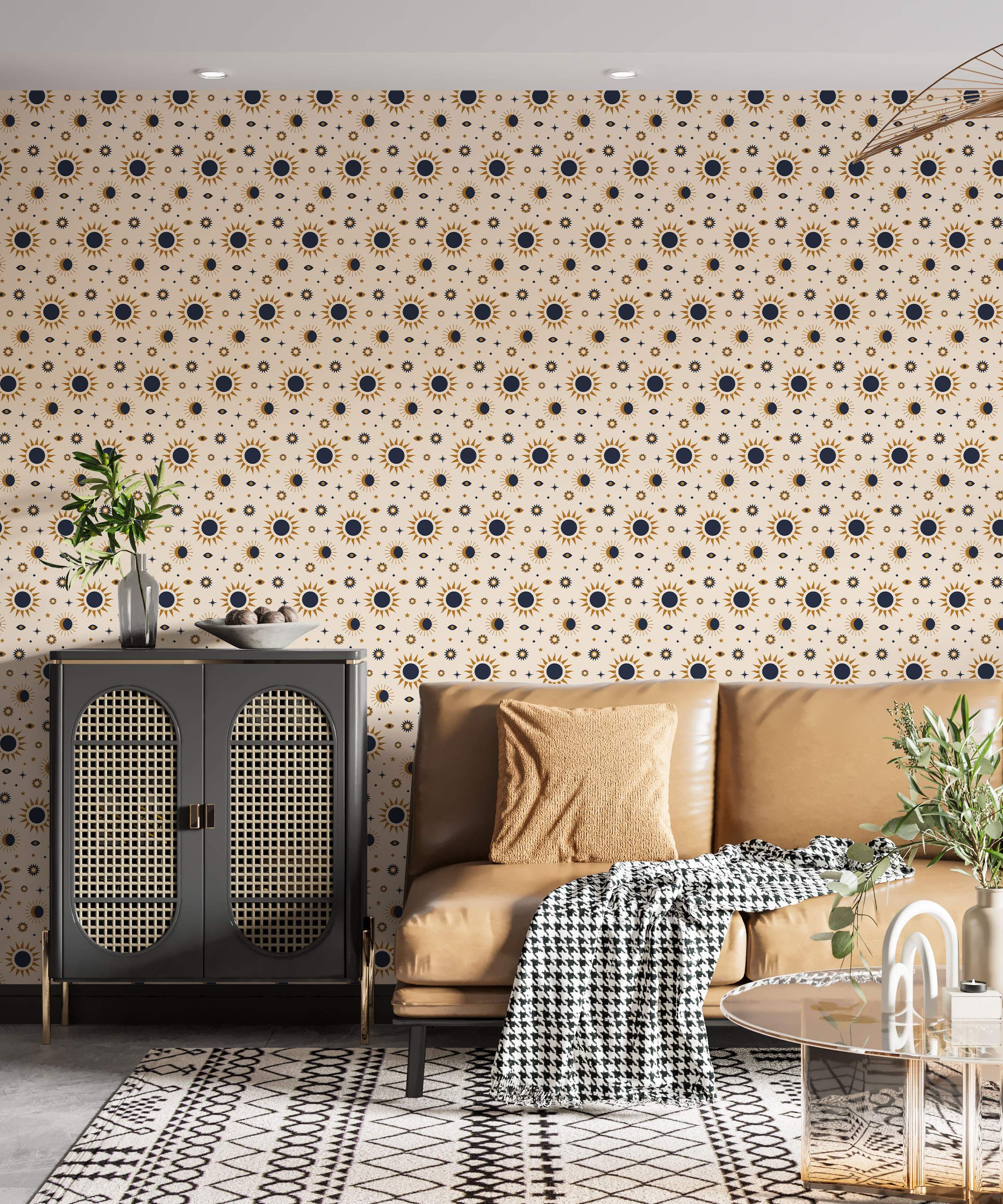 Beige wallpaper with blue and gold radial star pattern.