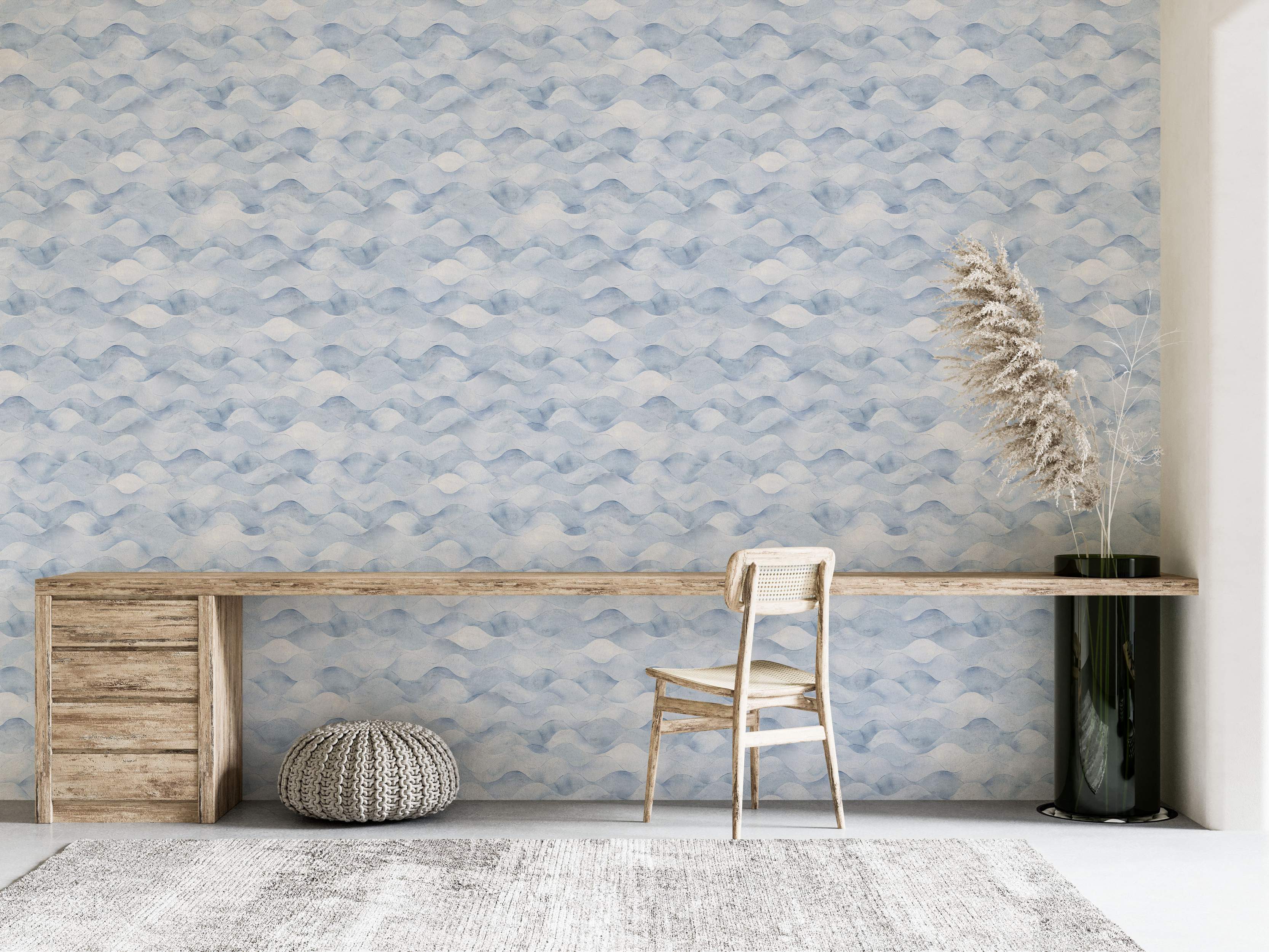 Blue and white wave pattern wallpaper with a soft flowing design