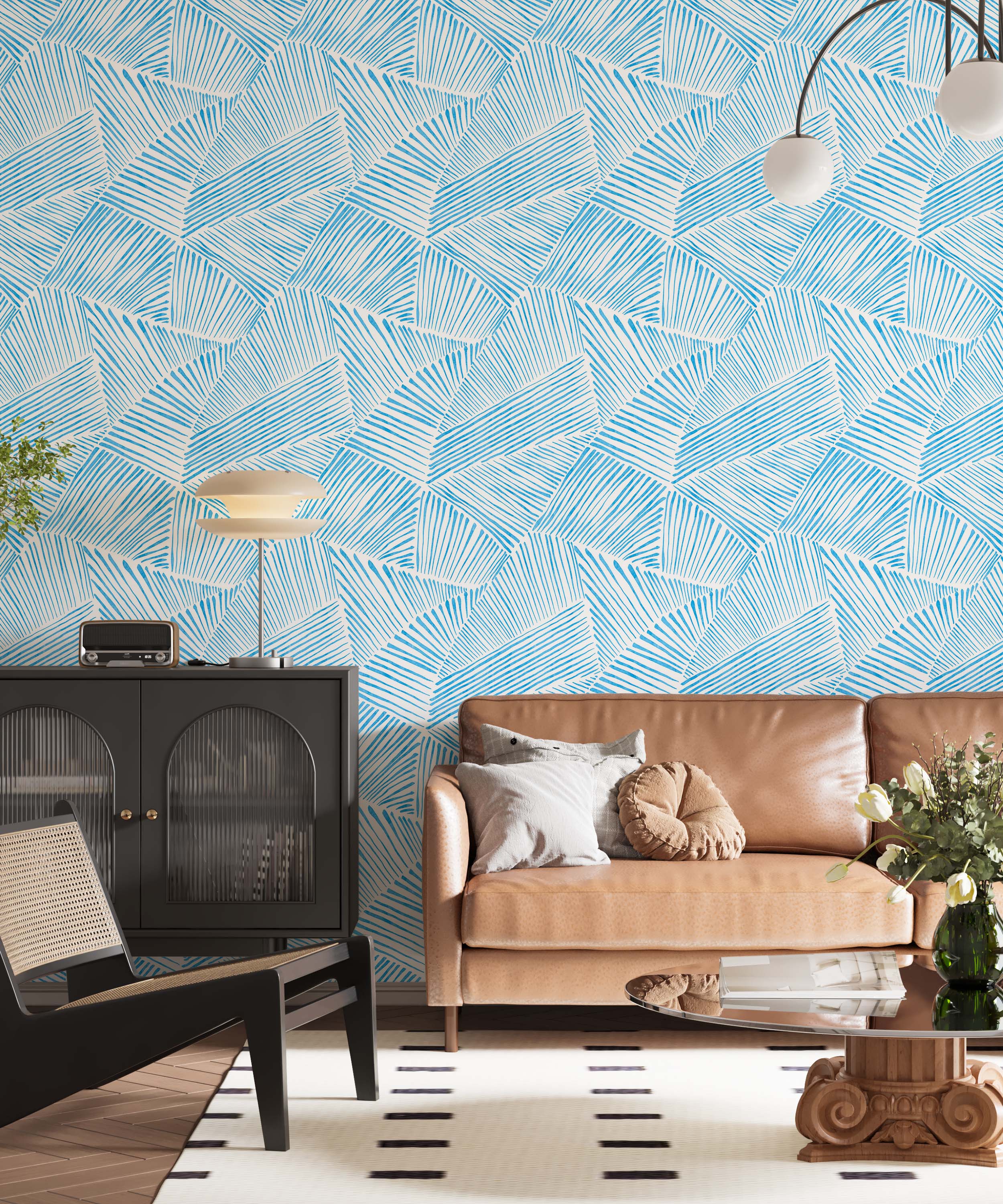 Geometric wallpaper featuring angular segments of blue hand-drawn style lines on a white background, creating a dynamic pattern.