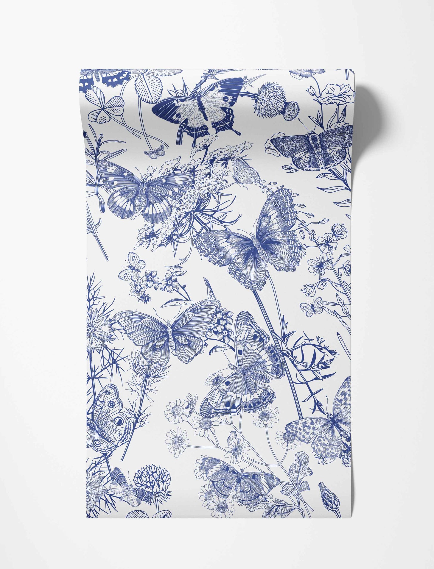Blue line art wallpaper featuring an illustrative pattern of butterflies and various wildflowers on a white background.