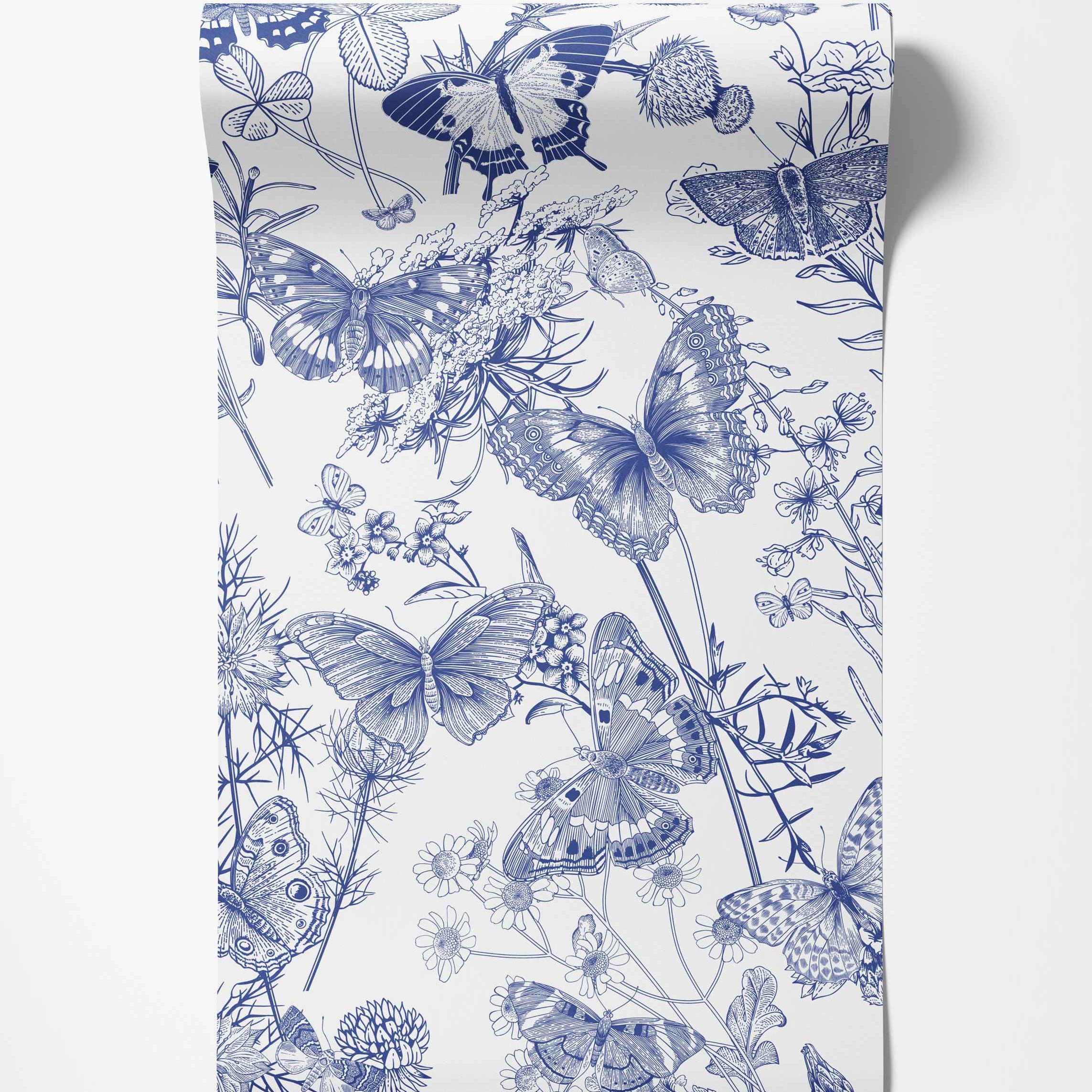 Blue line art wallpaper featuring an illustrative pattern of butterflies and various wildflowers on a white background.