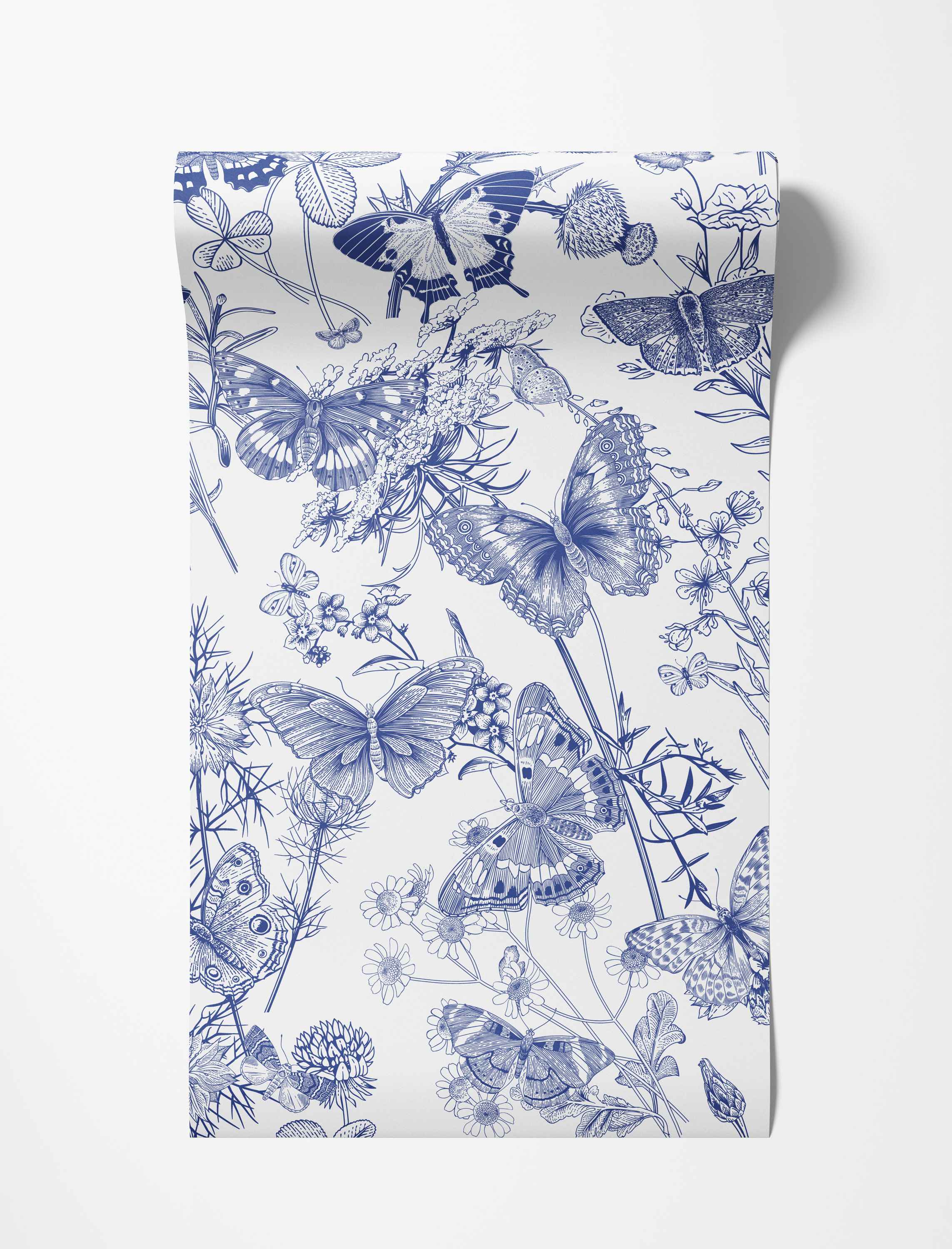 Blue line art wallpaper featuring an illustrative pattern of butterflies and various wildflowers on a white background.