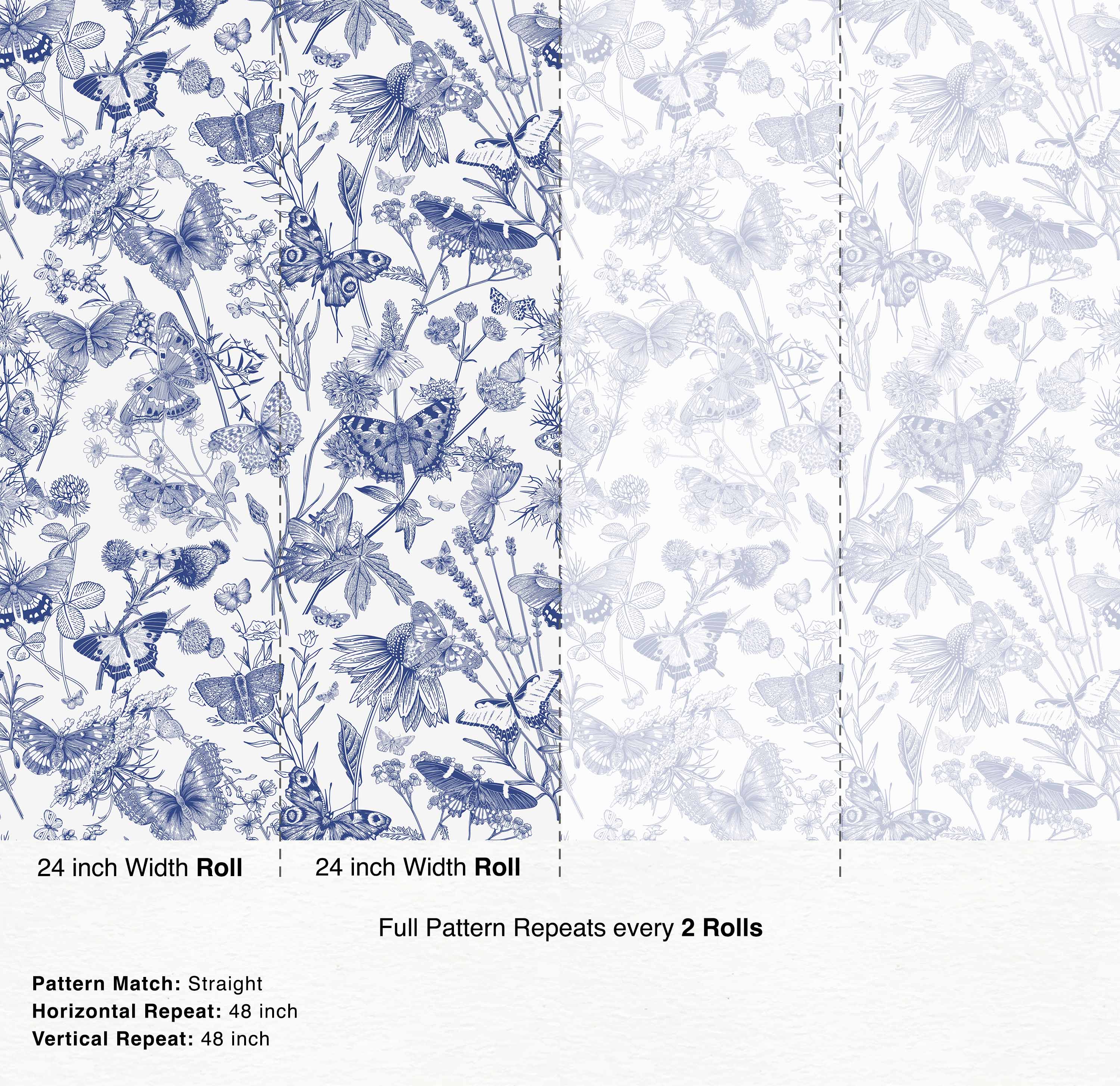 Vintage-style wallpaper with blue illustrated butterflies and wildflowers on a white background.