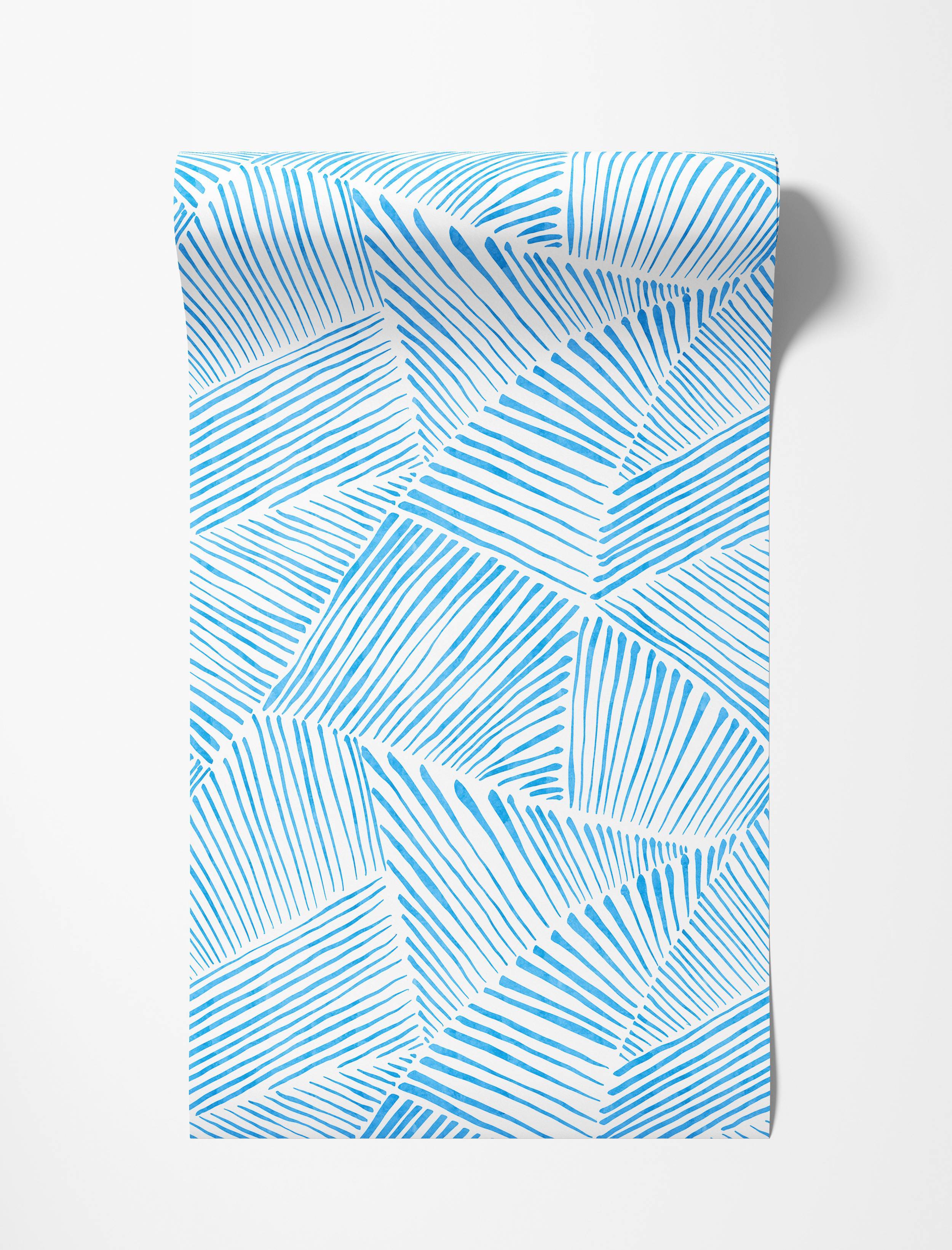 Wallpaper with a dynamic pattern of hand-drawn bright blue lines forming fan-like segments on a white background.