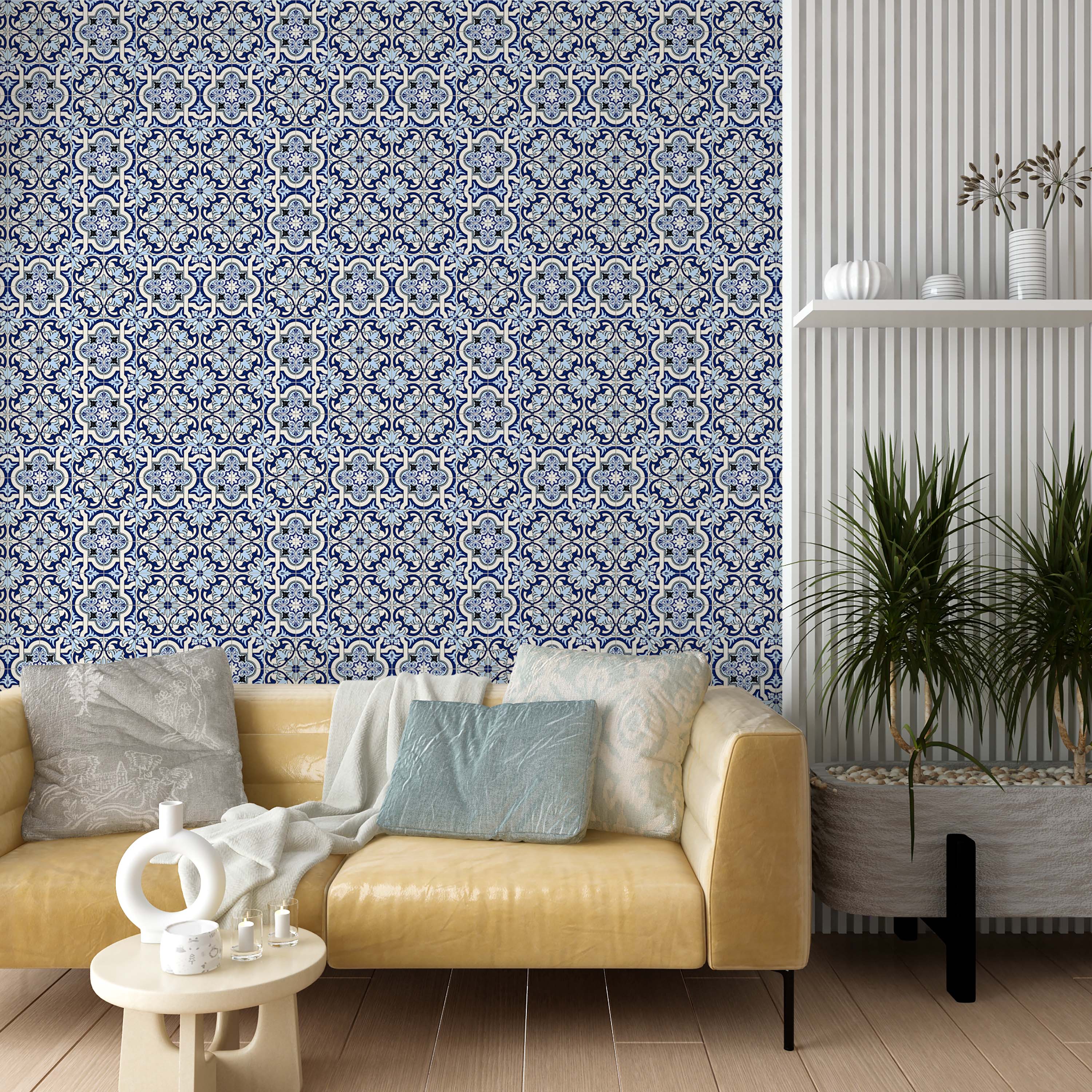 Wallpaper featuring an intricate tile pattern with ornate floral and geometric designs in various shades of blue, white, and black.