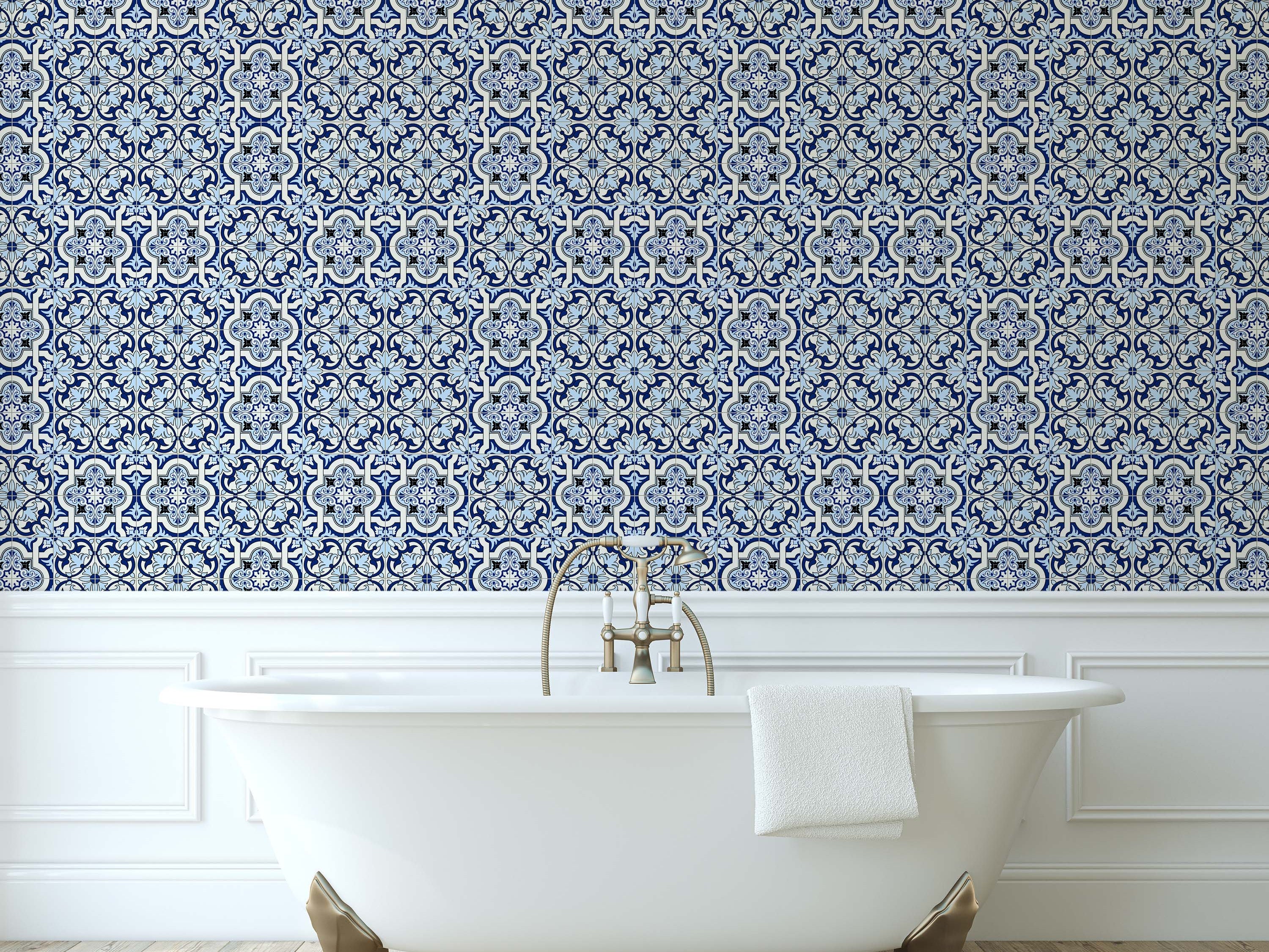 Ornamental tile wallpaper with repeating floral and quatrefoil medallions in shades of blue, white, and black.