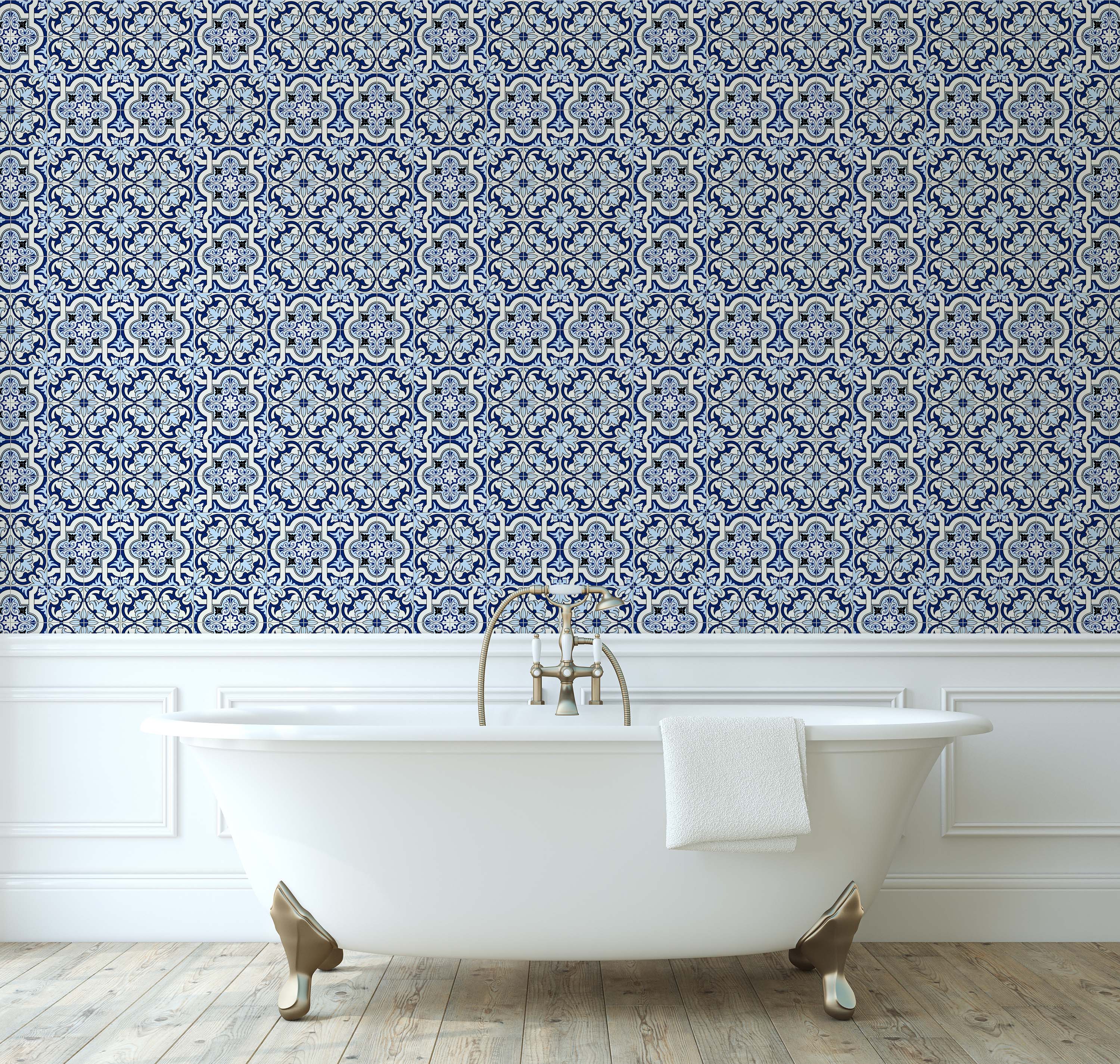Ornamental tile wallpaper with repeating floral and quatrefoil medallions in shades of blue, white, and black.