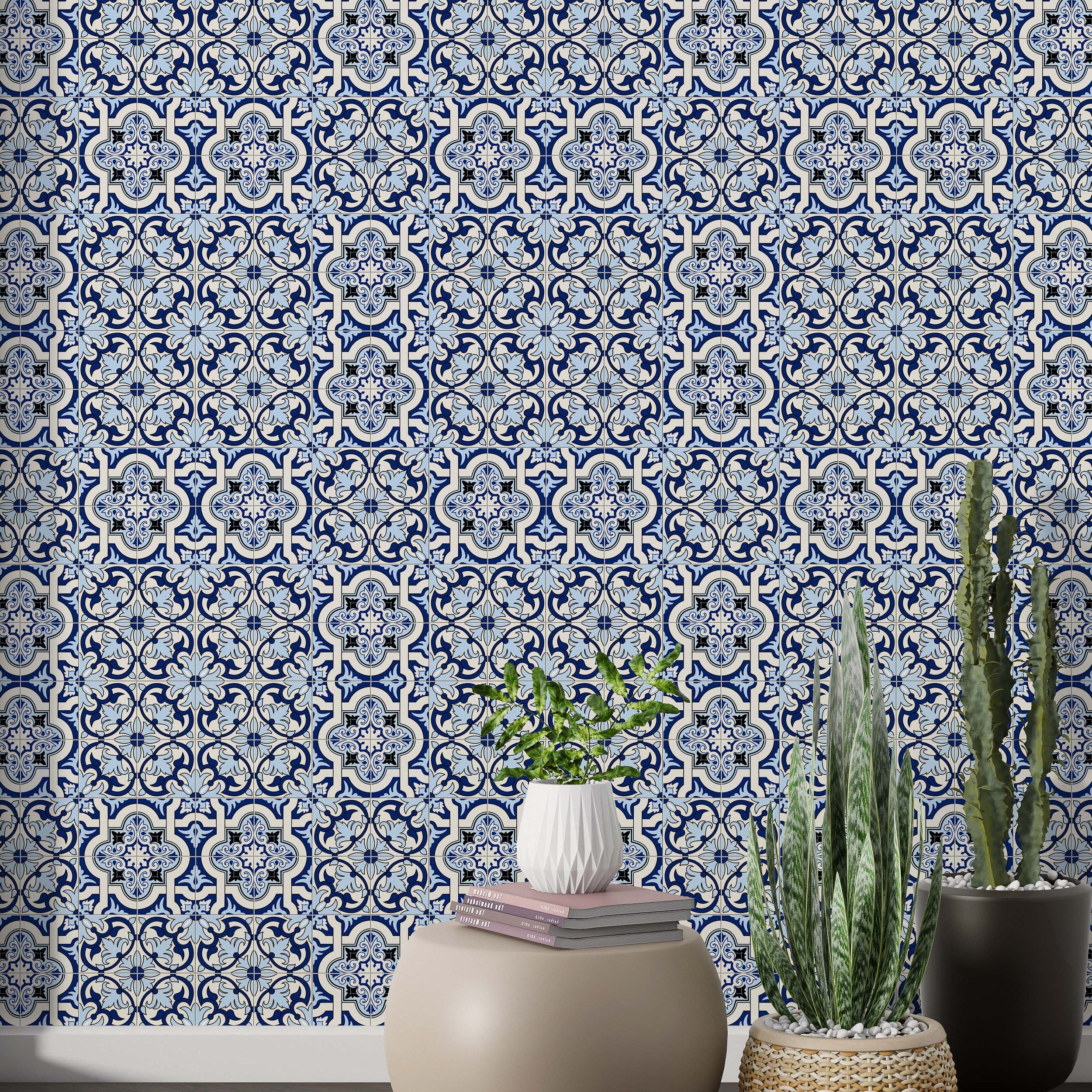 Blue, white, and black wallpaper with a repeating tile pattern featuring intricate floral and geometric designs.