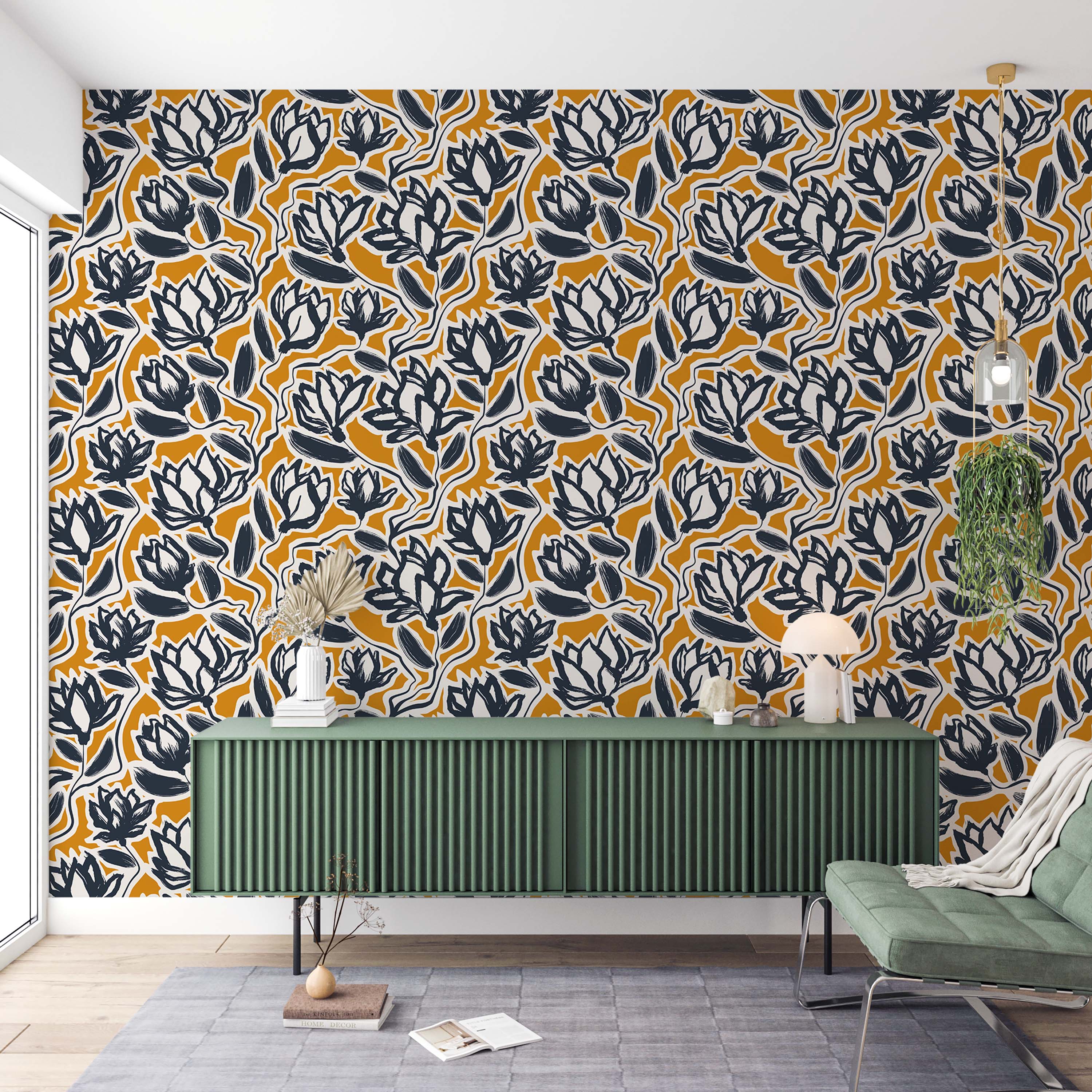 A bold, painterly floral wallpaper featuring dark blue flowers with white outlines on a mustard yellow background.