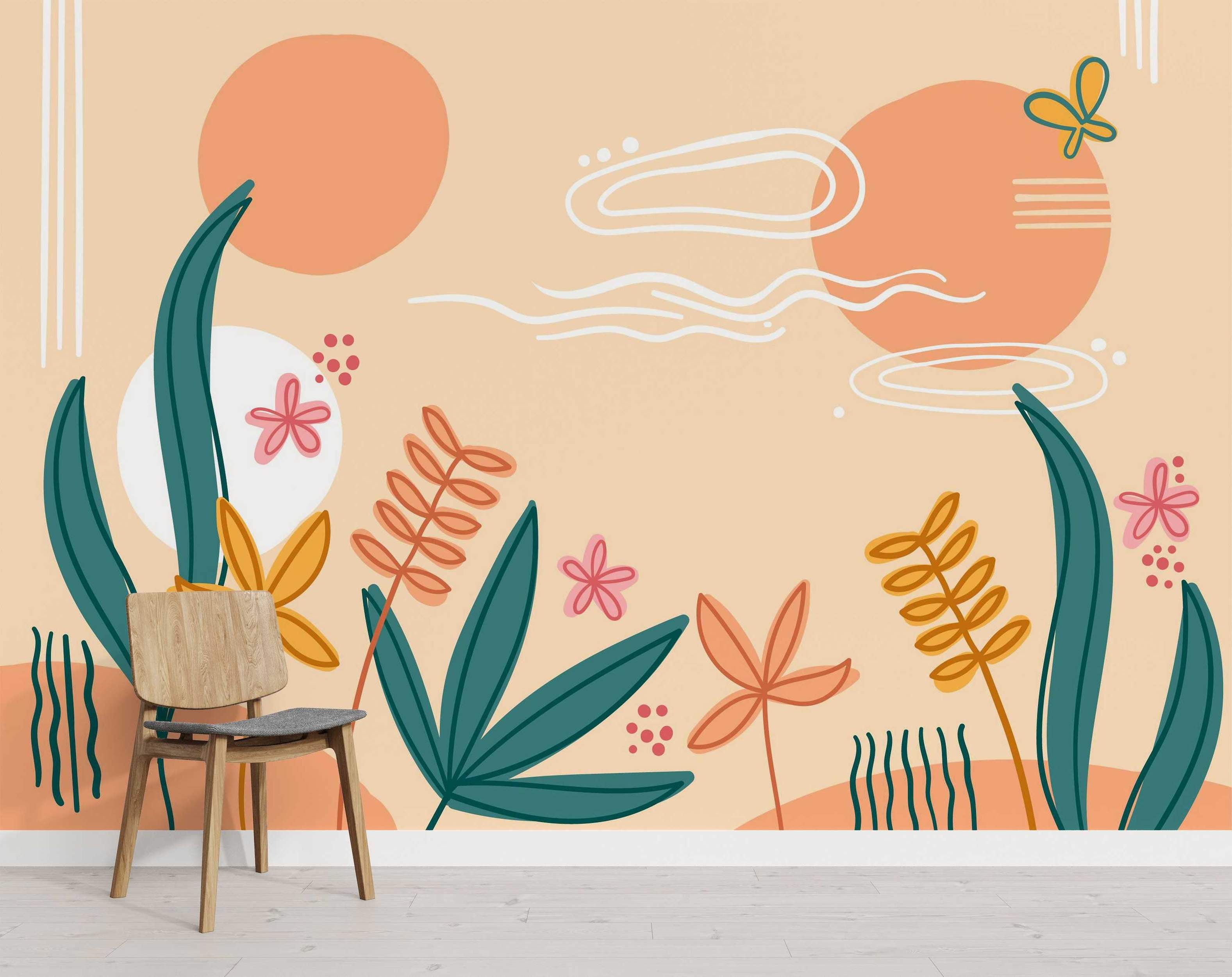 Abstract botanical mural with teal leaves, peach circles, pink and orange flowers, and white lines on a light peach background.