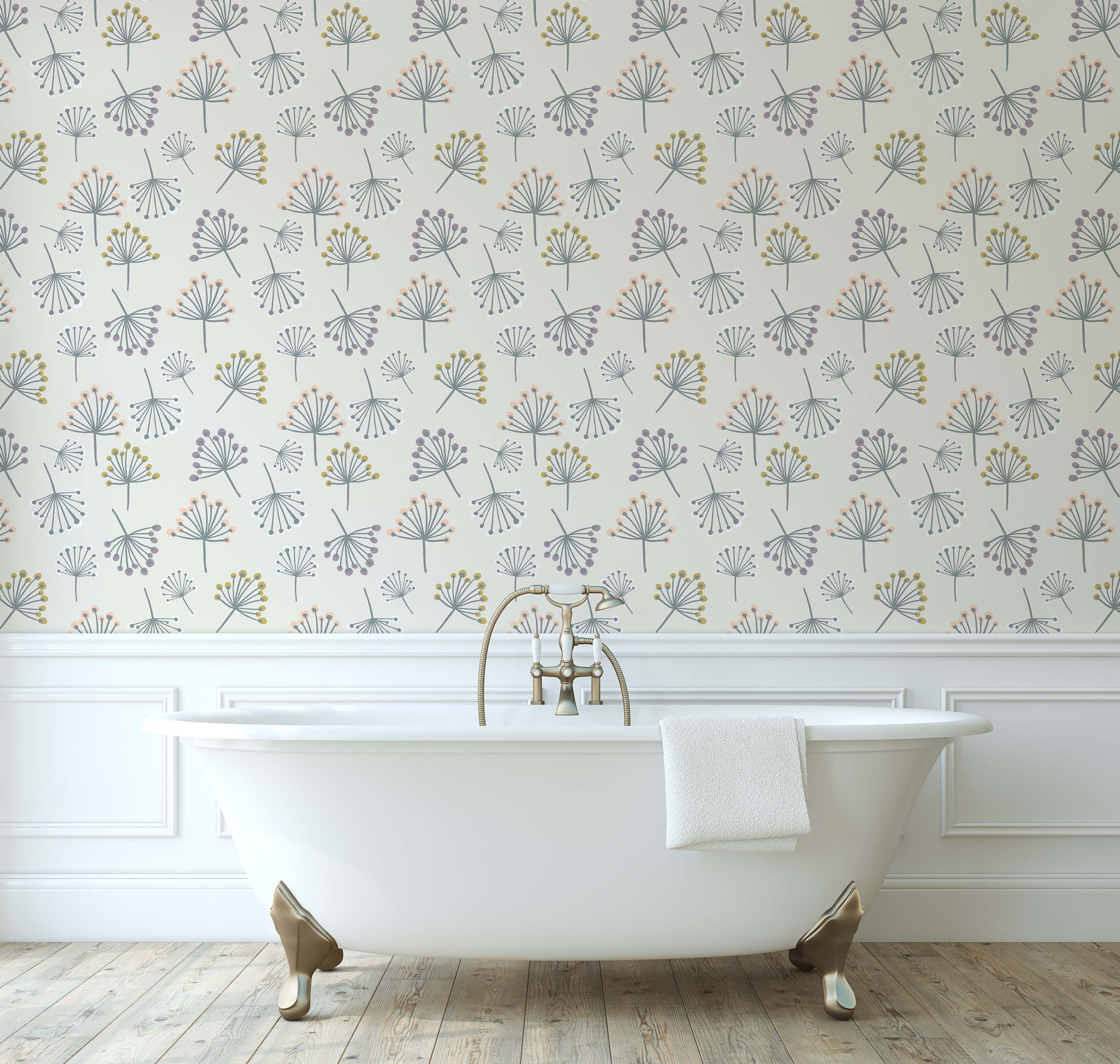 Wallpaper featuring botanical bursts in gray-blue, yellow, purple, peach, and white on a light cream background.