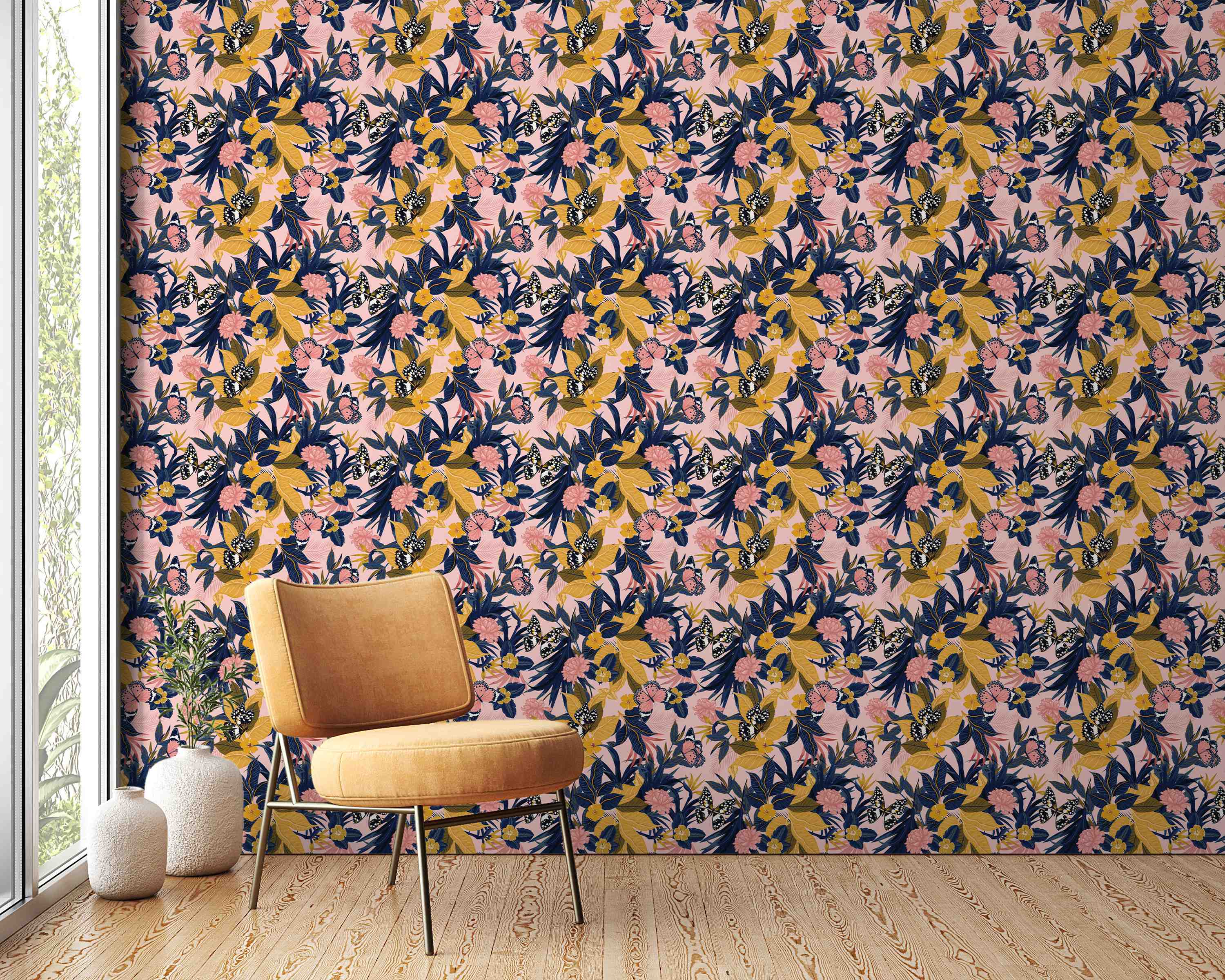 Botanical wallpaper featuring navy blue and mustard yellow leaves, pink flowers, and butterflies on a soft pink background.