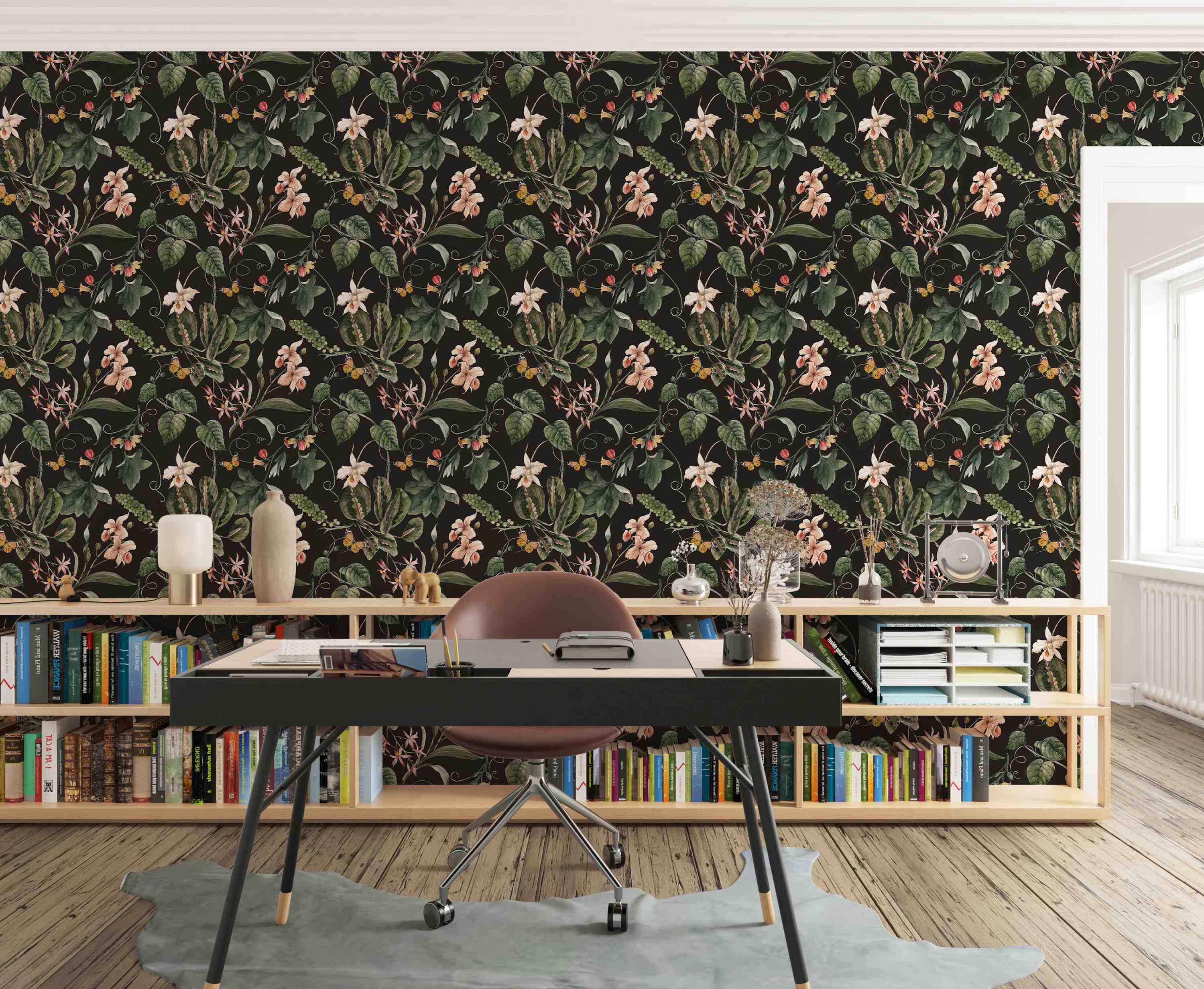 Dark botanical wallpaper featuring intricate green leaves, soft pink and cream flowers, and yellow butterflies.