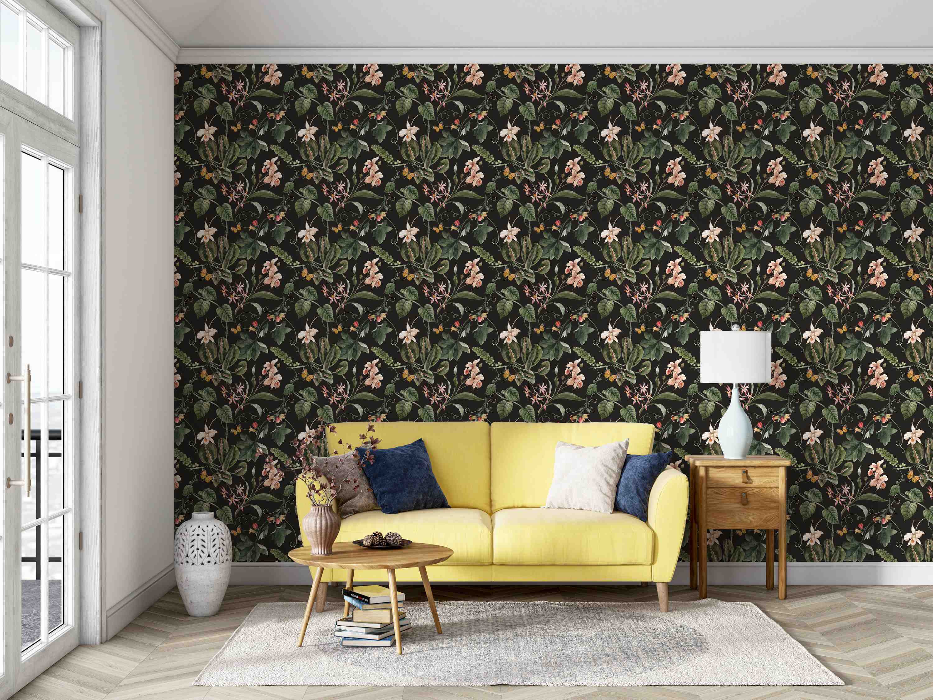 Dark botanical wallpaper with green leaves, pink and cream flowers, winding vines, and small yellow butterflies in a dense pattern.