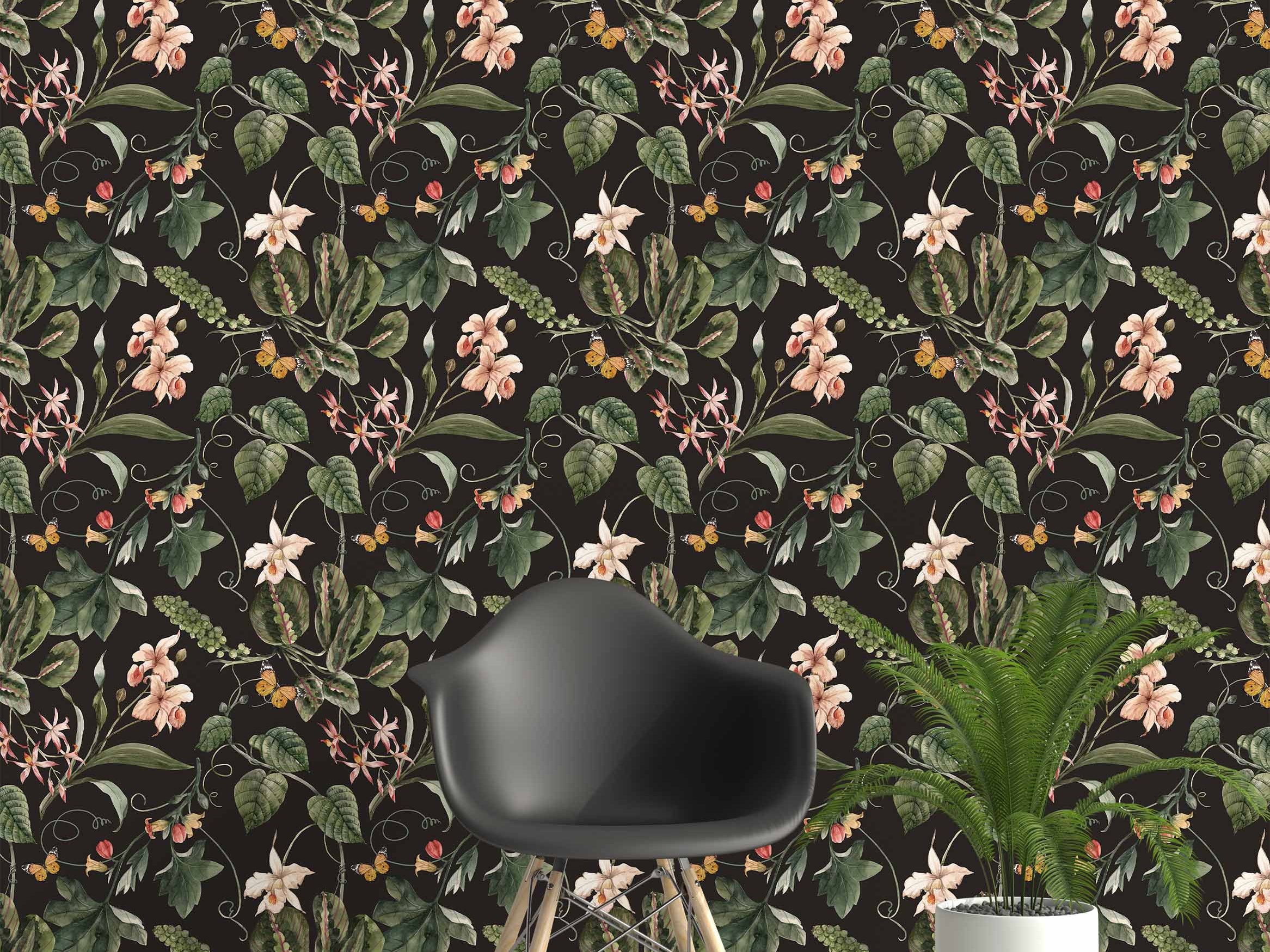Dark botanical wallpaper featuring watercolor green leaves, peach and pink flowers, vines, and yellow butterflies.