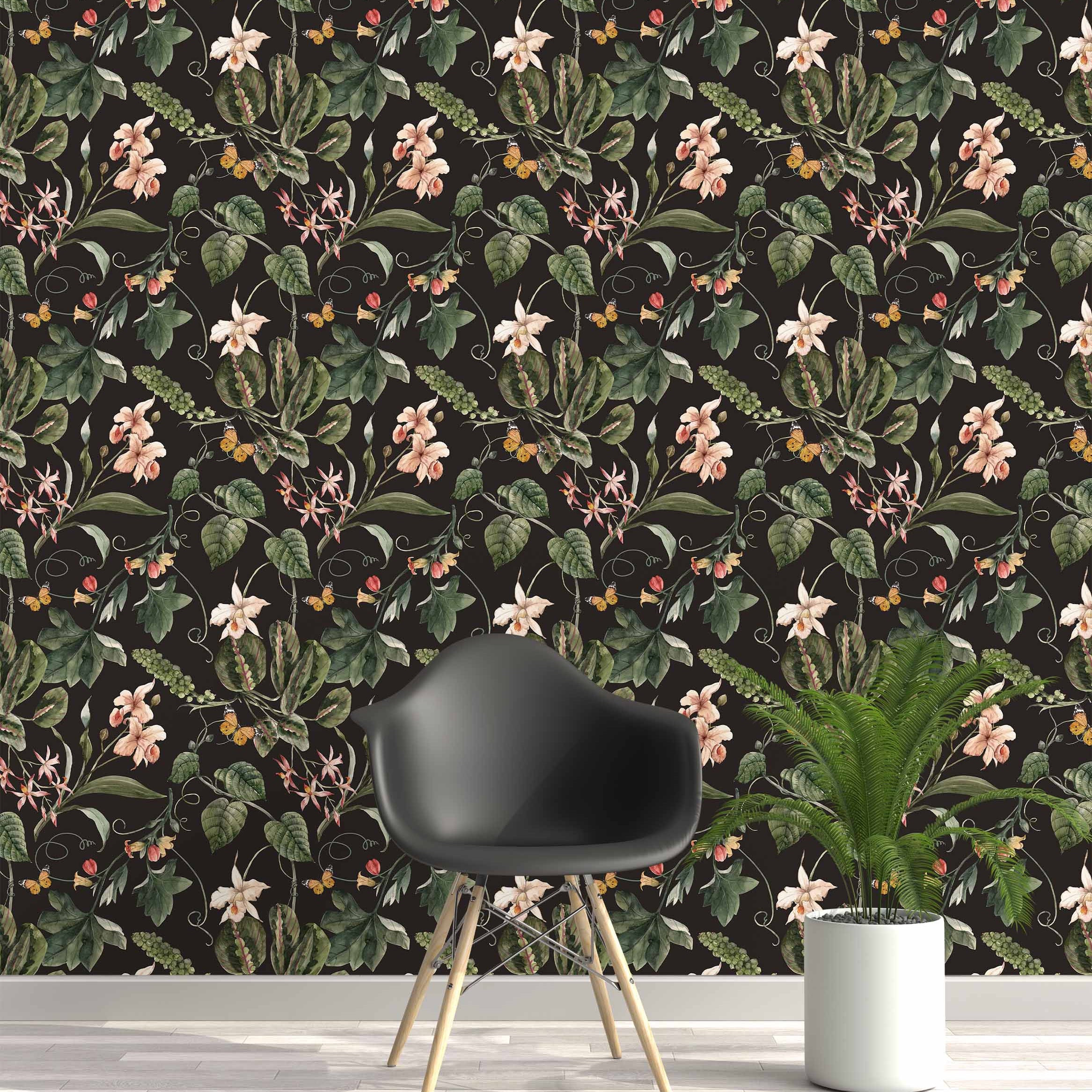Dark botanical wallpaper featuring watercolor green leaves, peach and pink flowers, vines, and yellow butterflies.