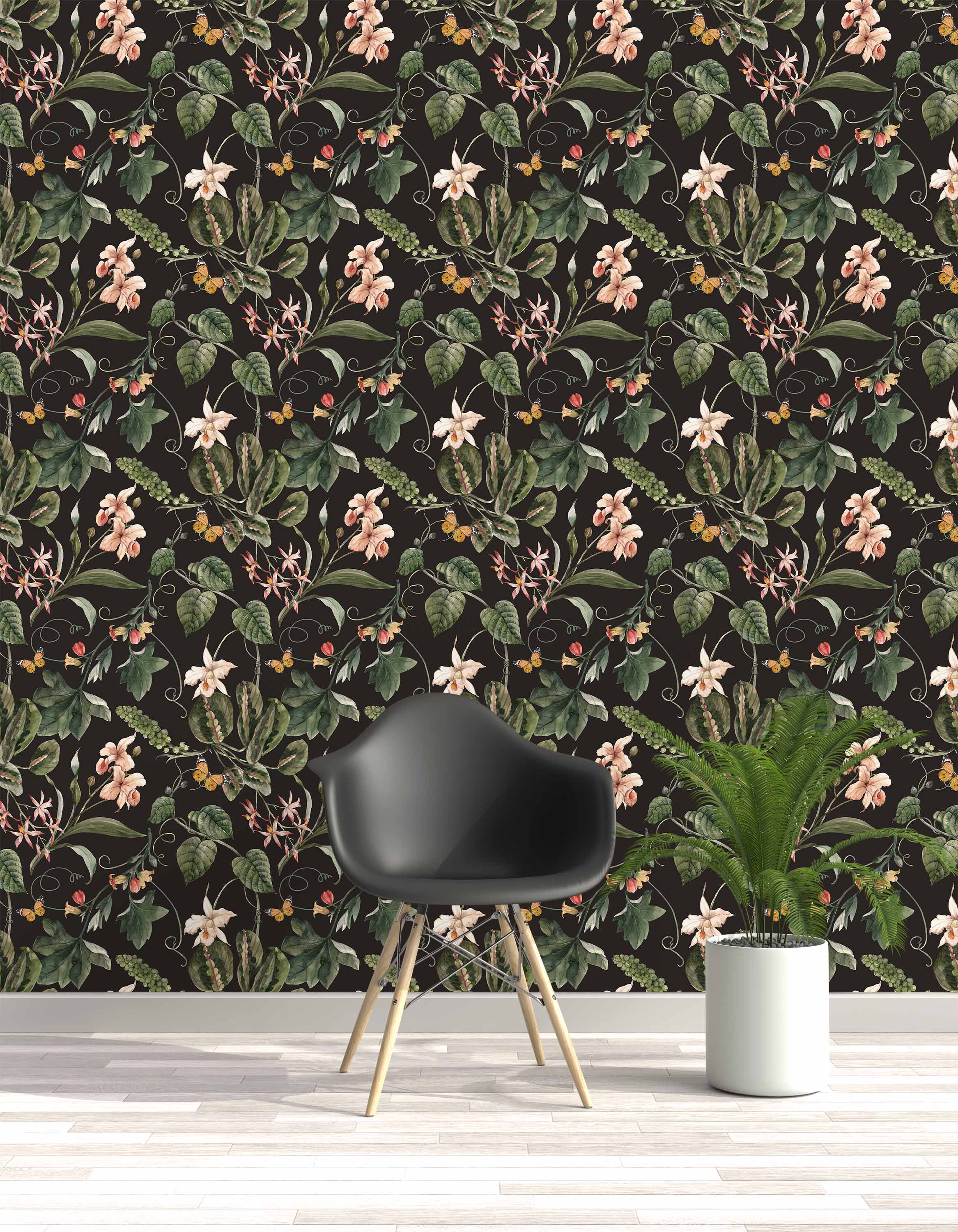 Dark botanical wallpaper featuring watercolor green leaves, peach and pink flowers, vines, and yellow butterflies.