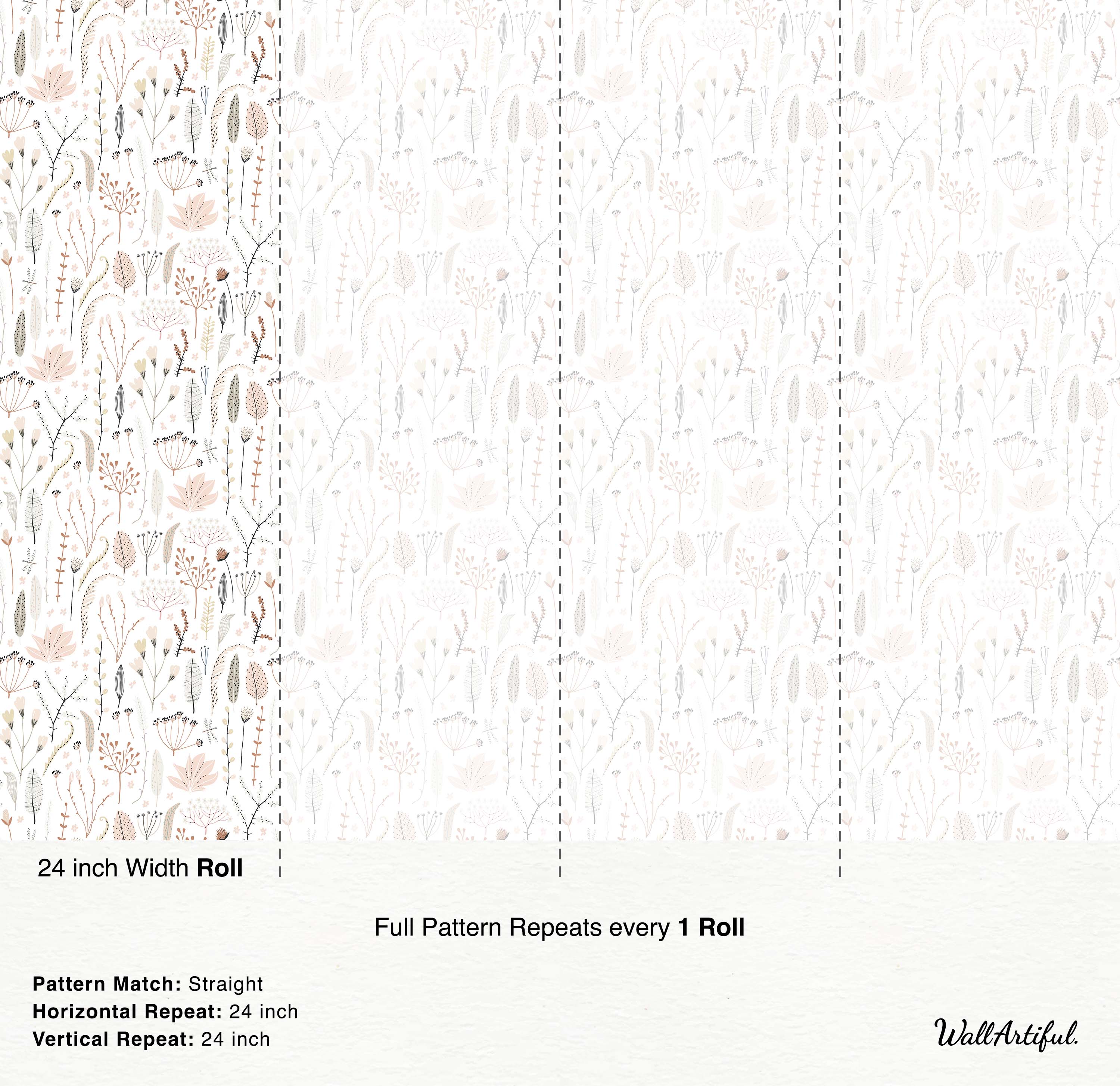 Wallpaper with a delicate botanical pattern of various leaves and flowers in muted pink, beige, and gray on a white background.