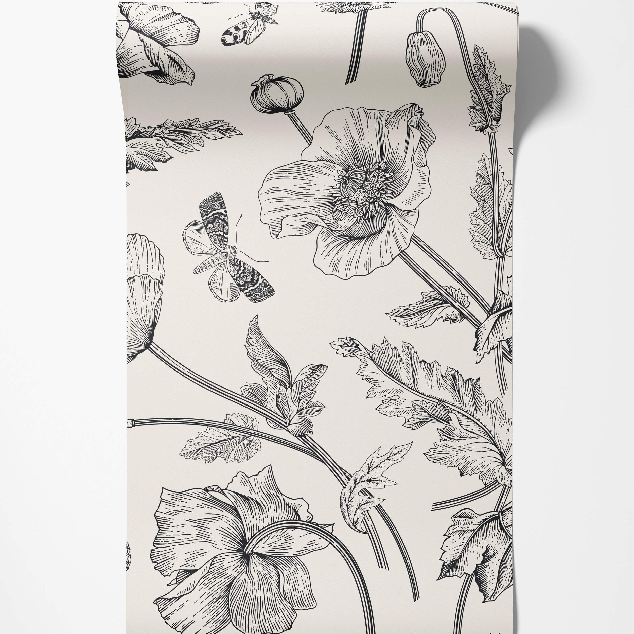 Detailed black and white botanical floral wallpaper design
