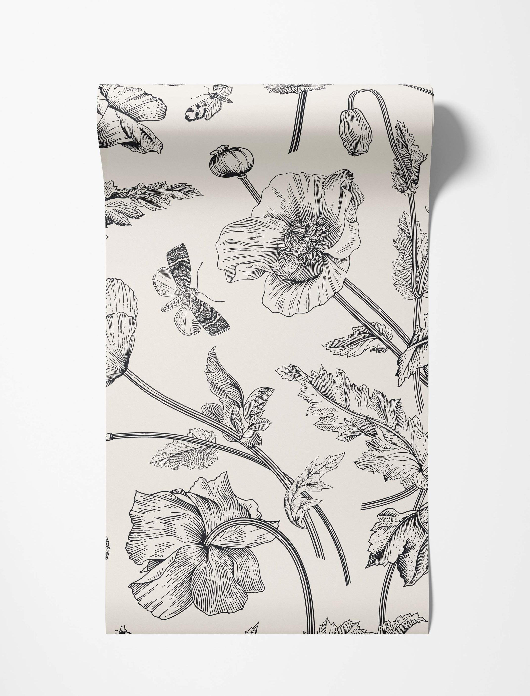 Detailed black and white botanical floral wallpaper design