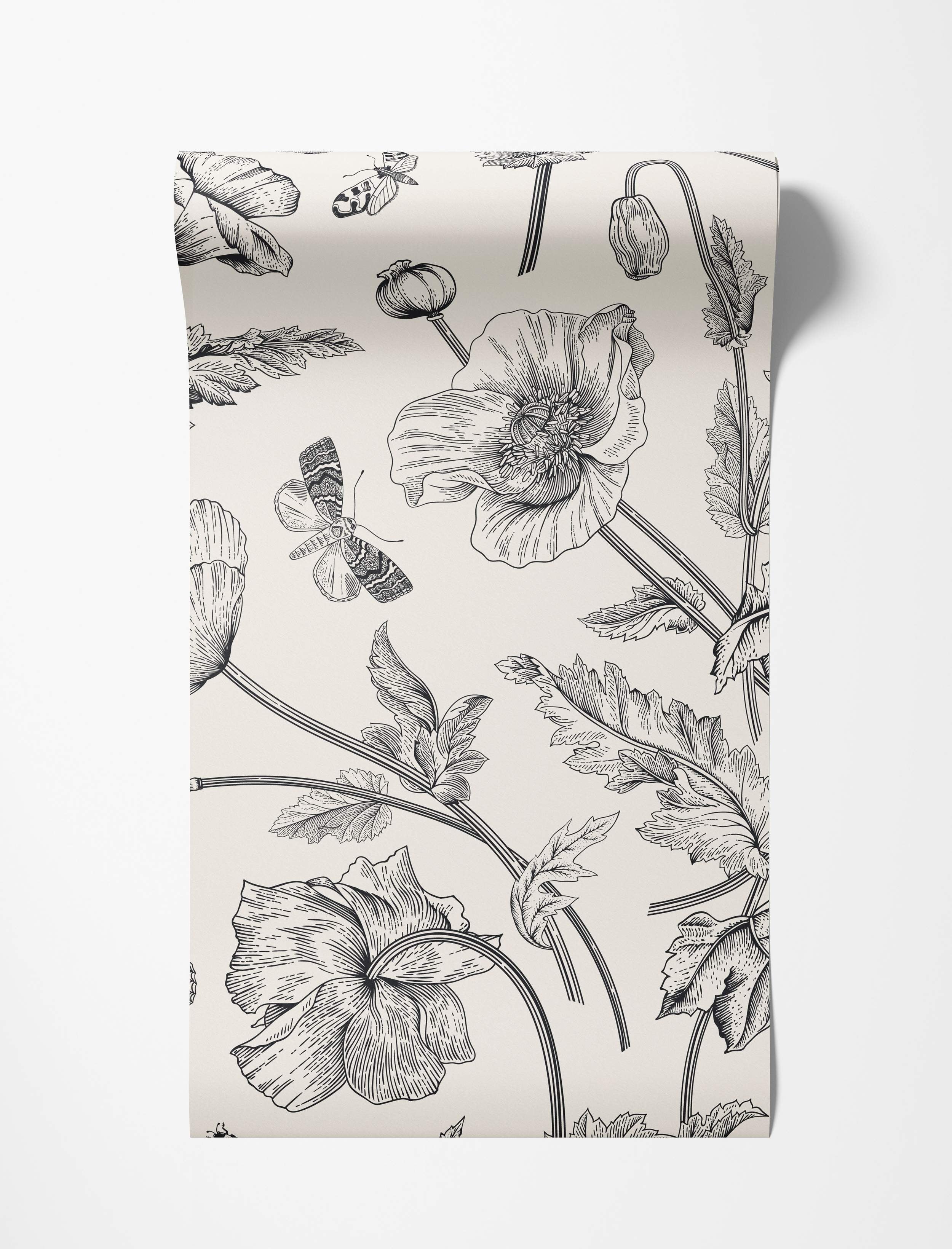 Detailed black and white botanical floral wallpaper design