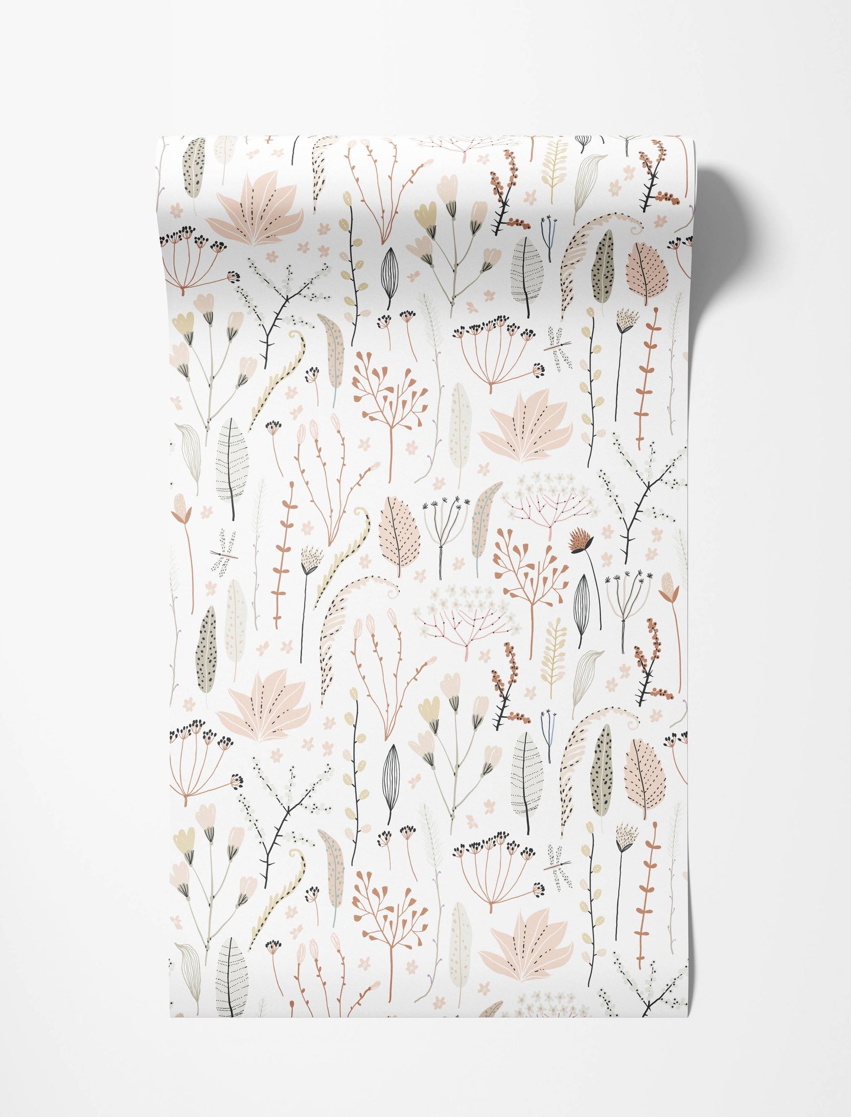 Wallpaper with a delicate botanical pattern featuring stylized leaves, flowers, and stems in soft pink, beige, and muted earth tones.