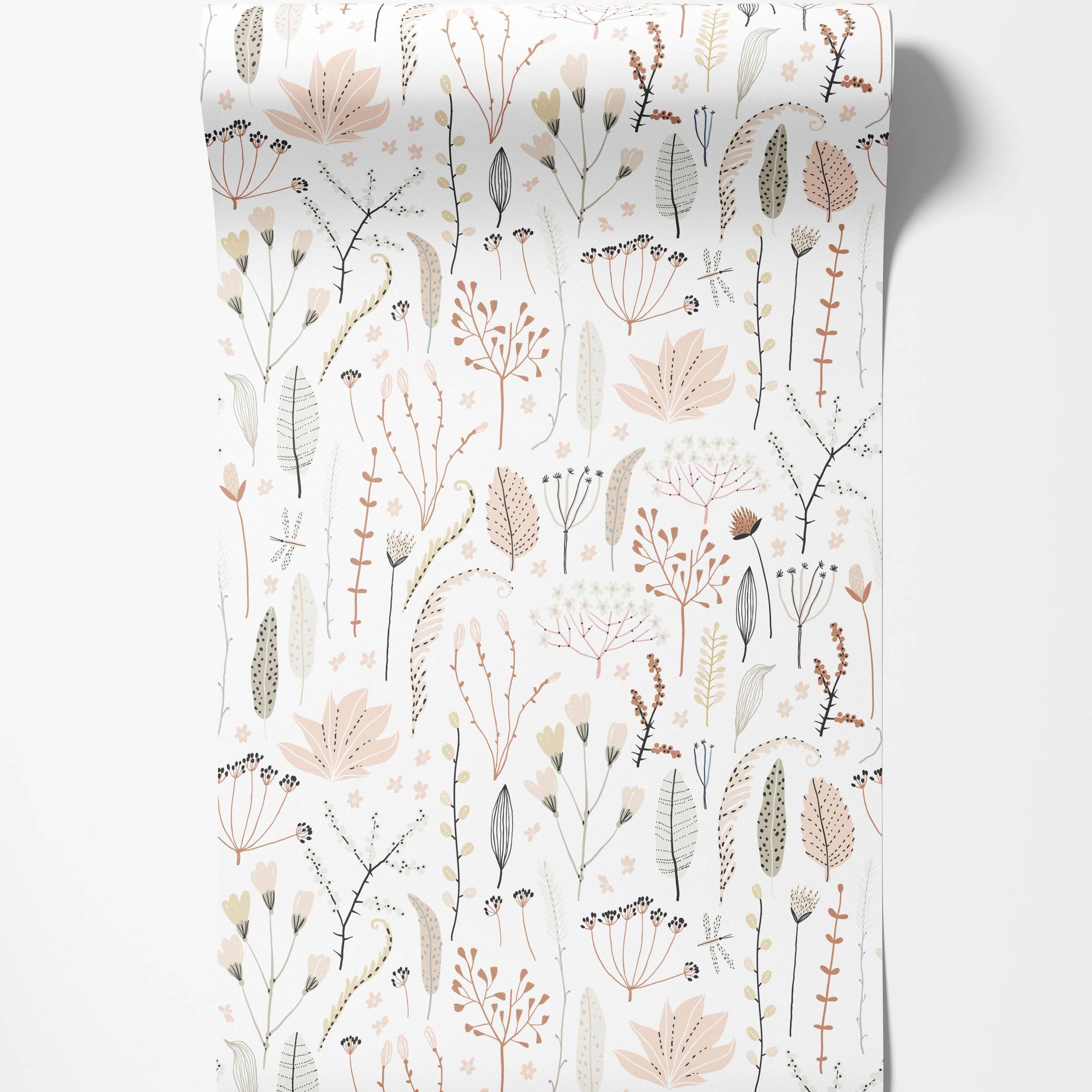 Wallpaper with a delicate botanical pattern featuring stylized leaves, flowers, and stems in soft pink, beige, and muted earth tones.