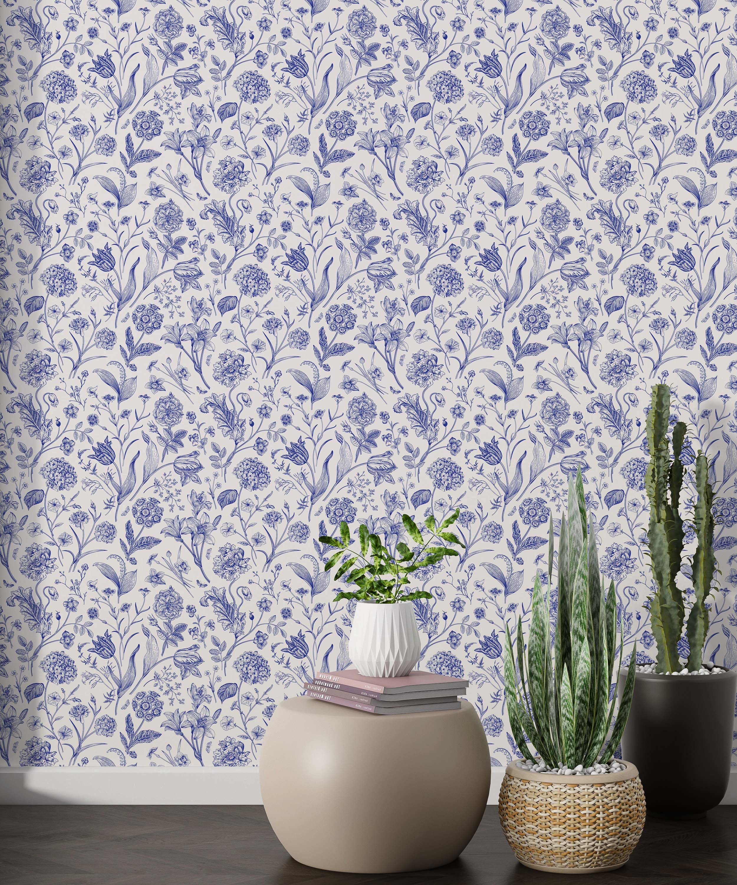 Wallpaper with classic blue botanical illustrations of various flowers like lilies and tulips on a soft white background.