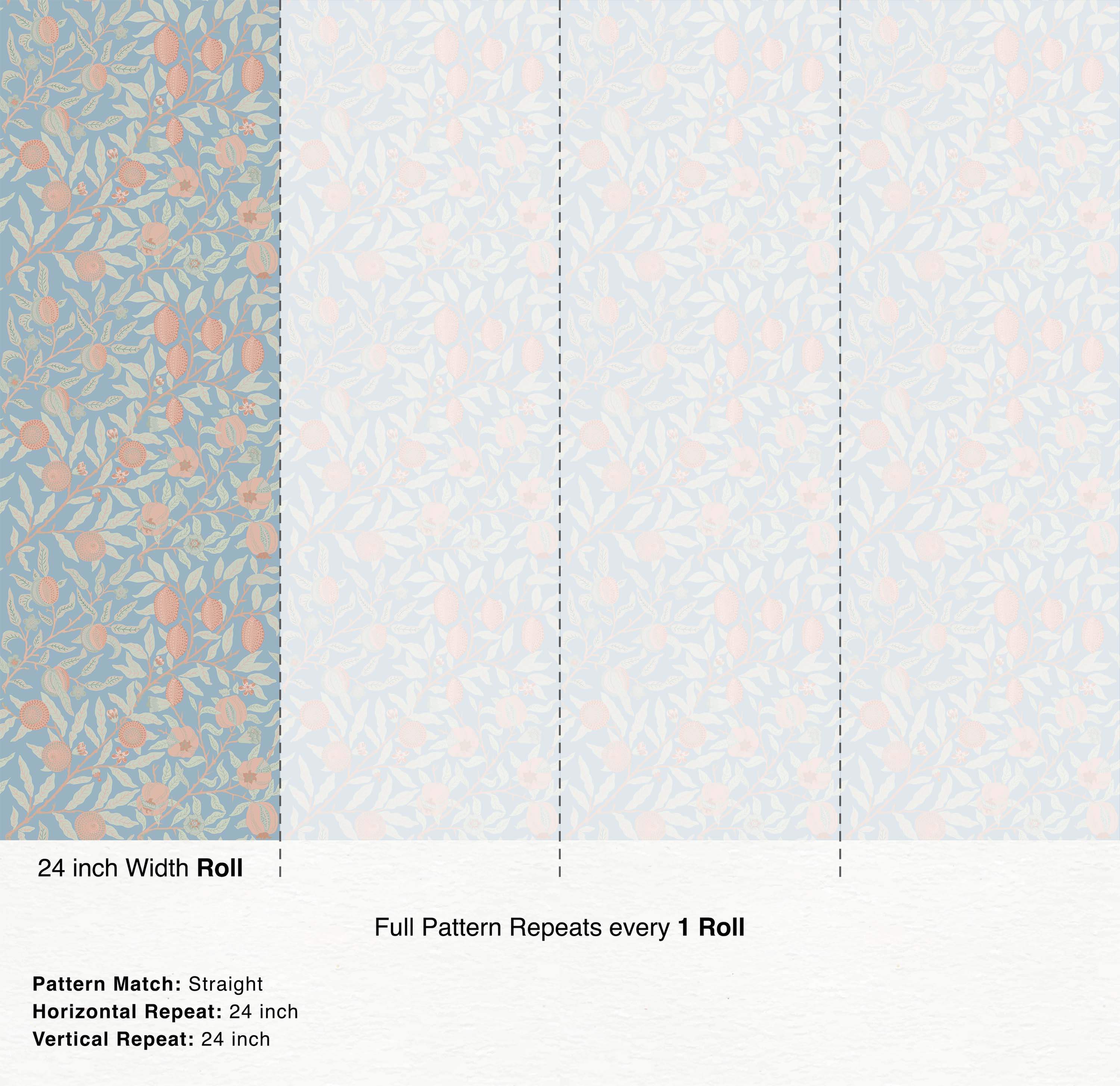 Botanical wallpaper featuring peach-colored fruits and light green leaves on twisting branches against a soft blue background.