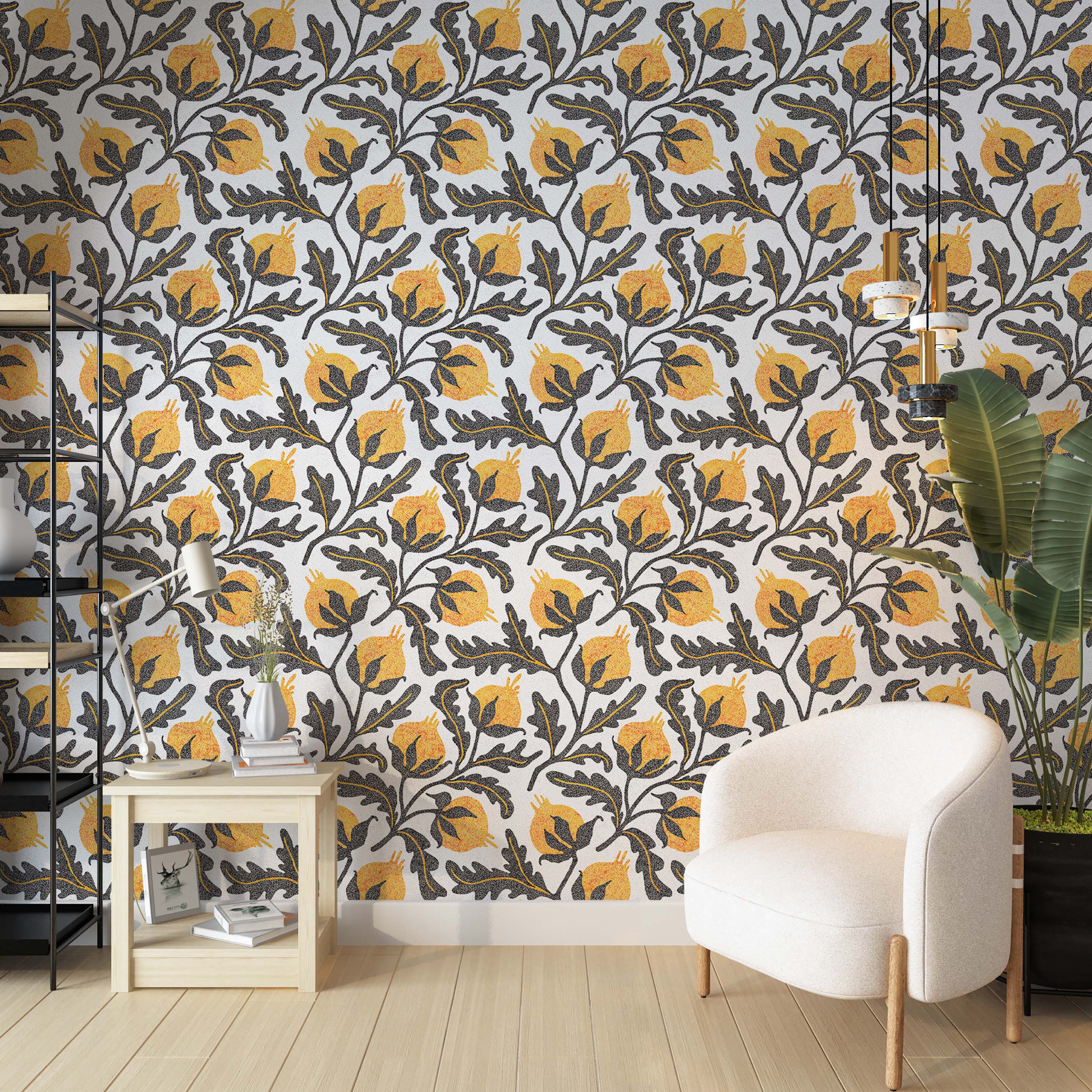 A botanical wallpaper with stylized yellow pomegranates and gray leaves on vining branches over a textured white background.