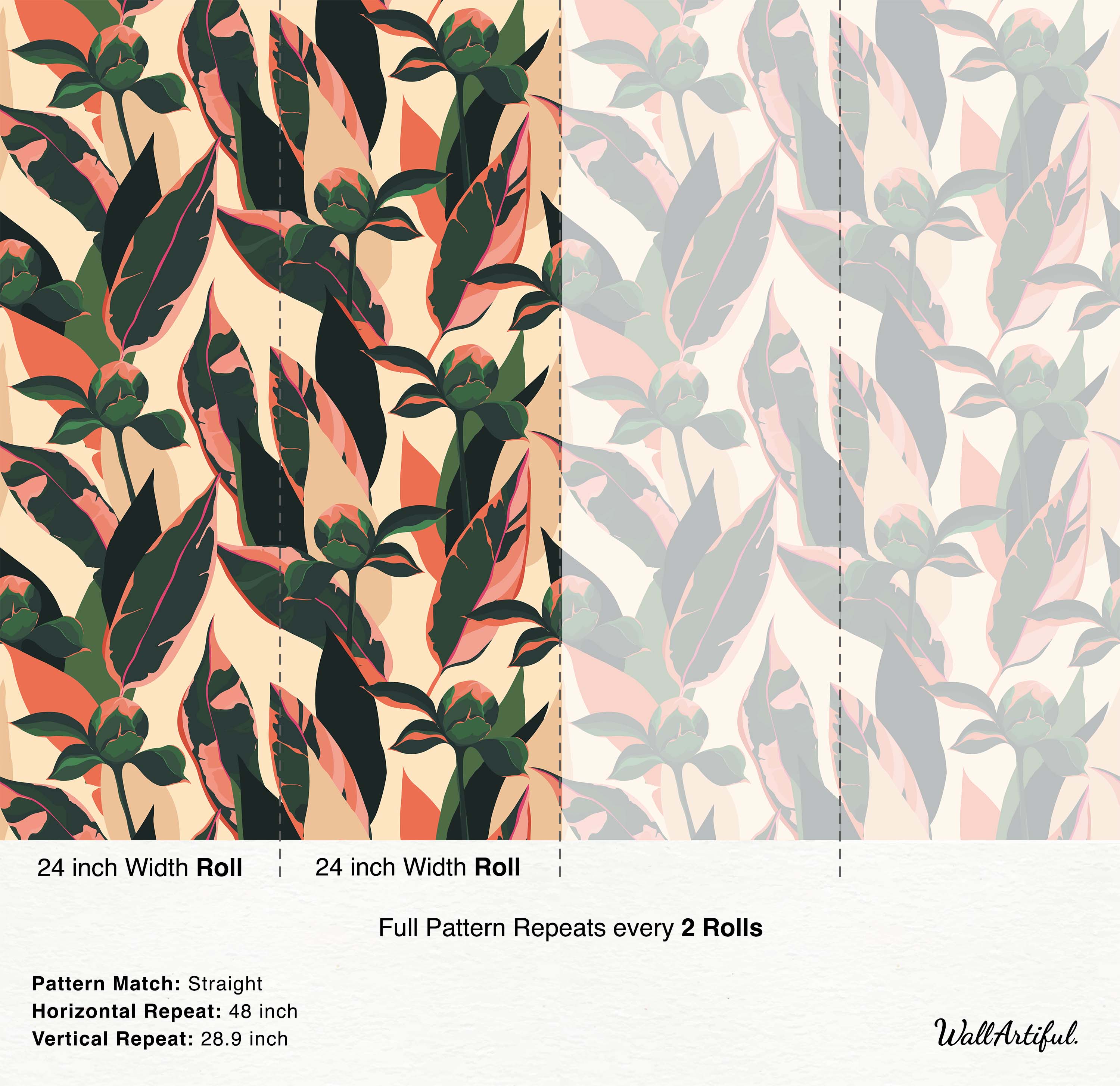 Stylized botanical wallpaper featuring large dark green leaves with coral-pink variegation and green buds on a light cream background.
