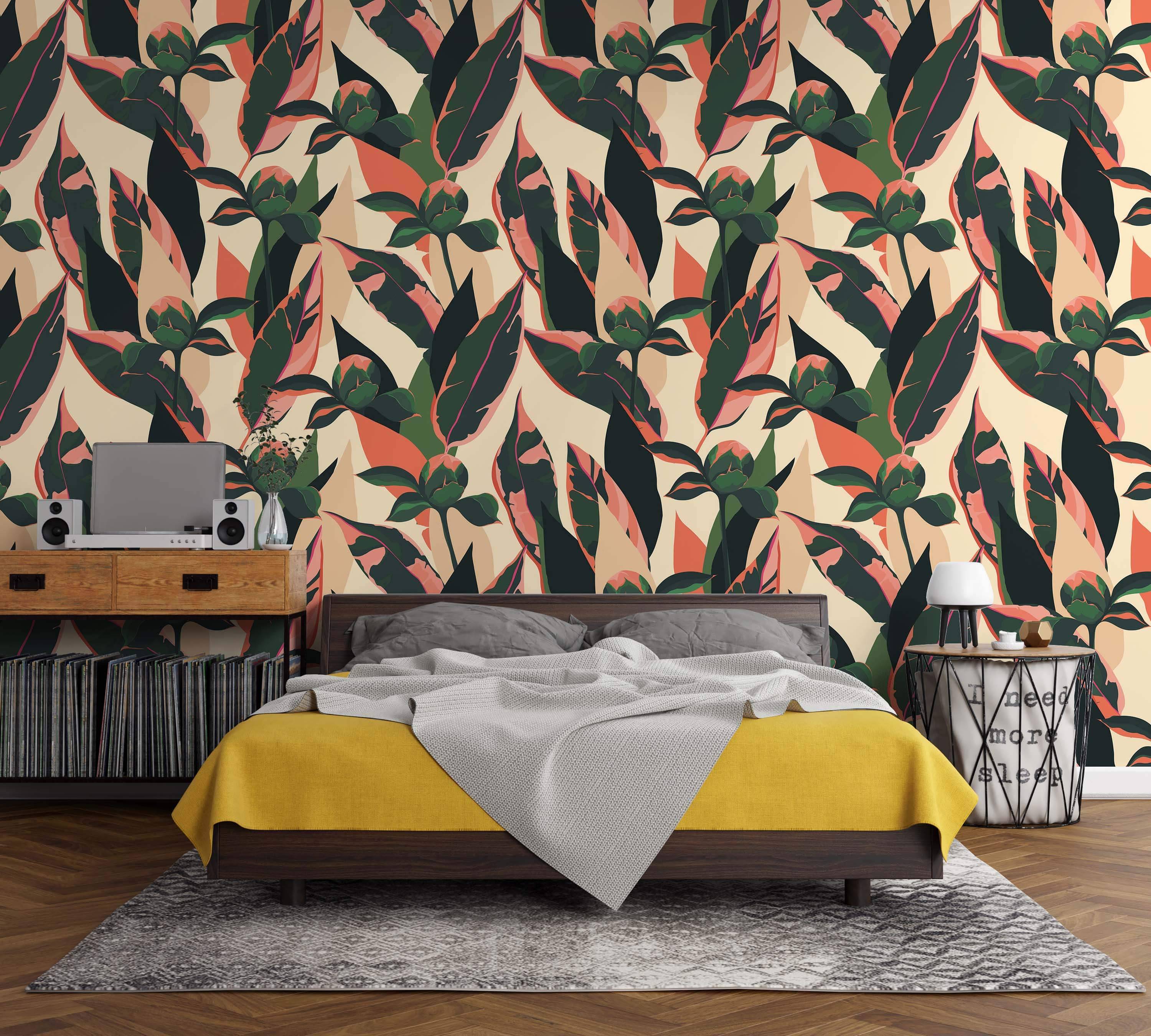 Wallpaper with a large-scale botanical print of stylized dark green and pink-accented leaves and flower buds on a cream background.