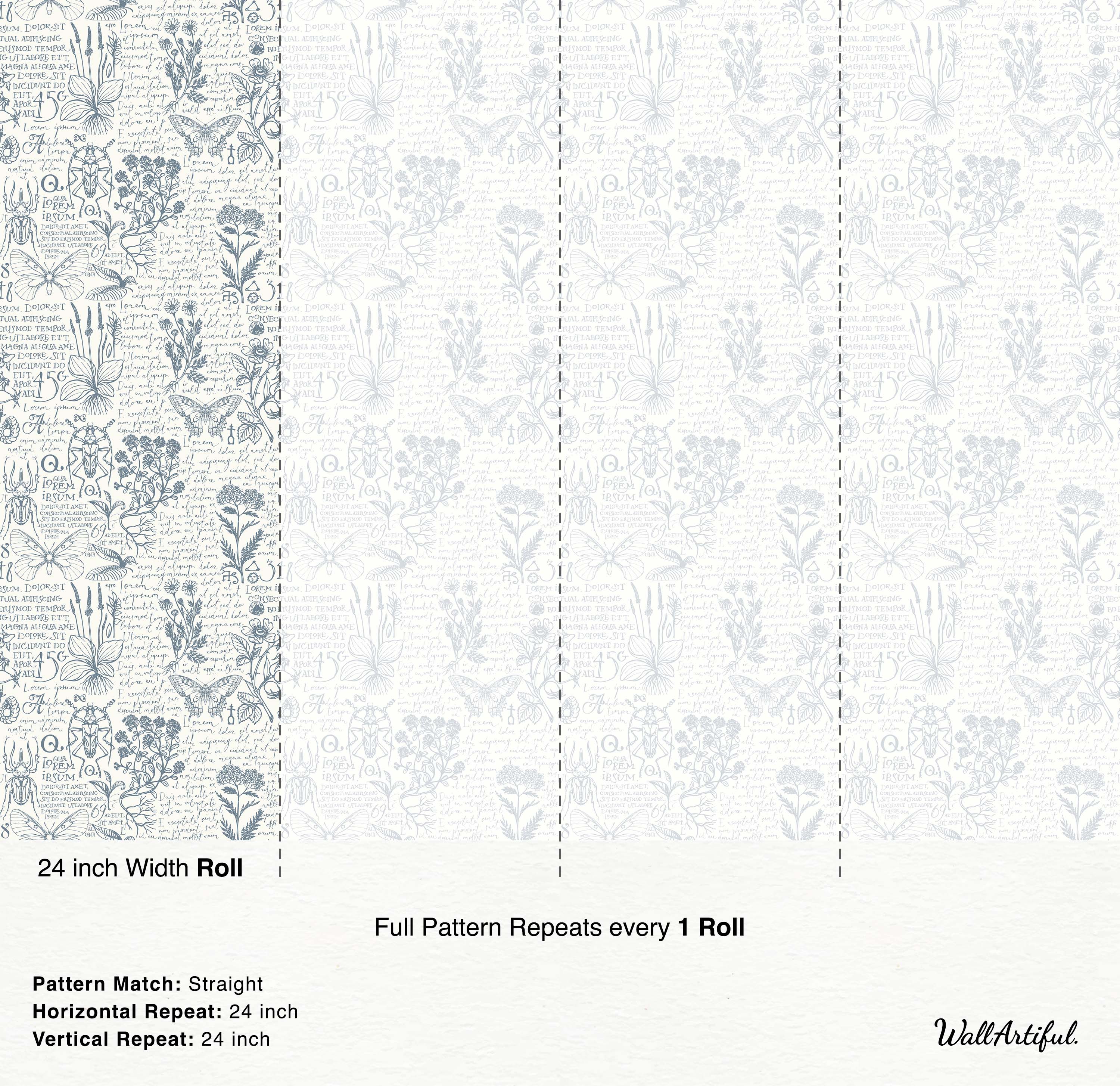 Vintage-style wallpaper featuring blue illustrations of botanicals, insects, and handwriting on an off-white background.