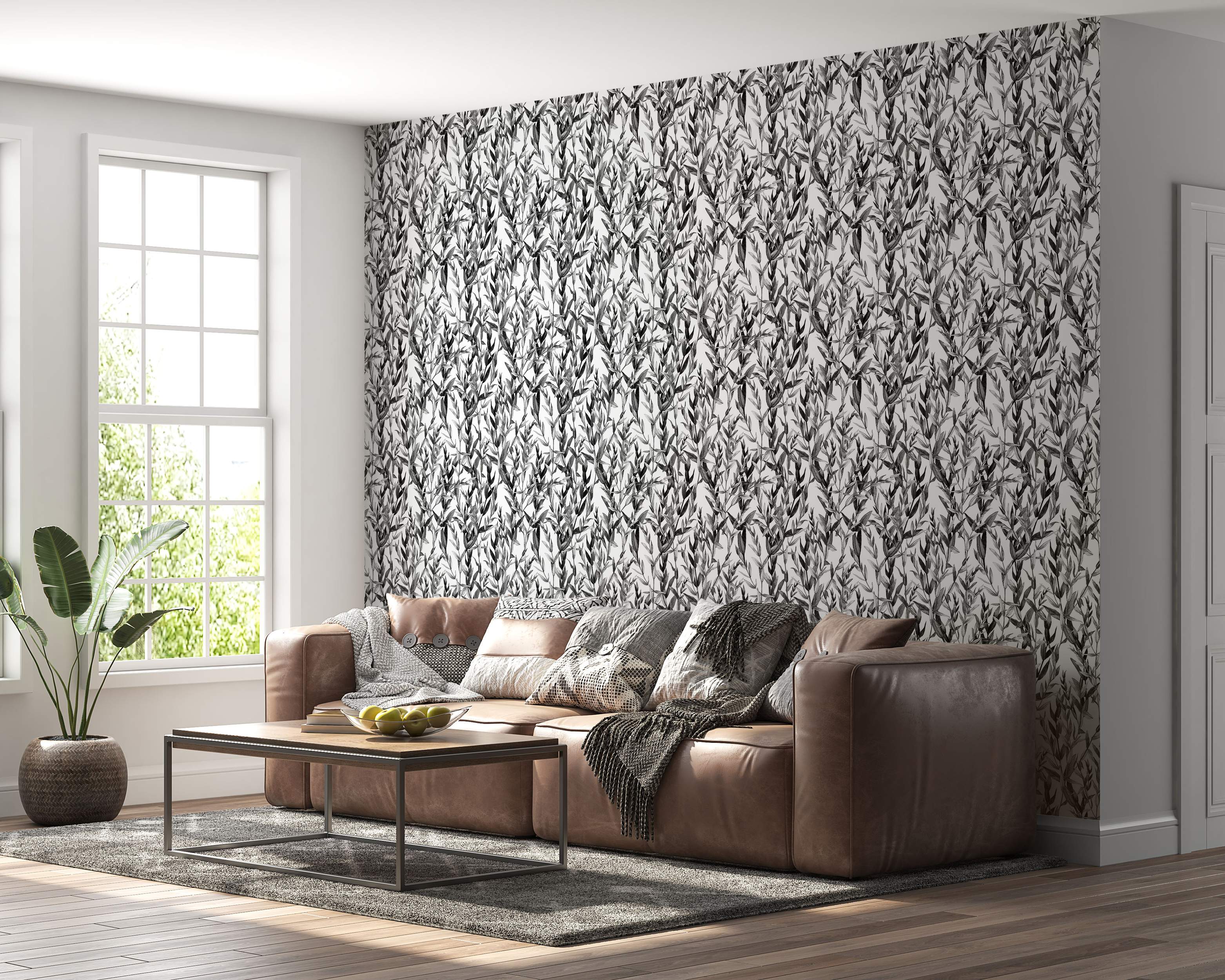 Black and white wallpaper with a densely packed, sketched botanical leaf pattern in grayscale tones.