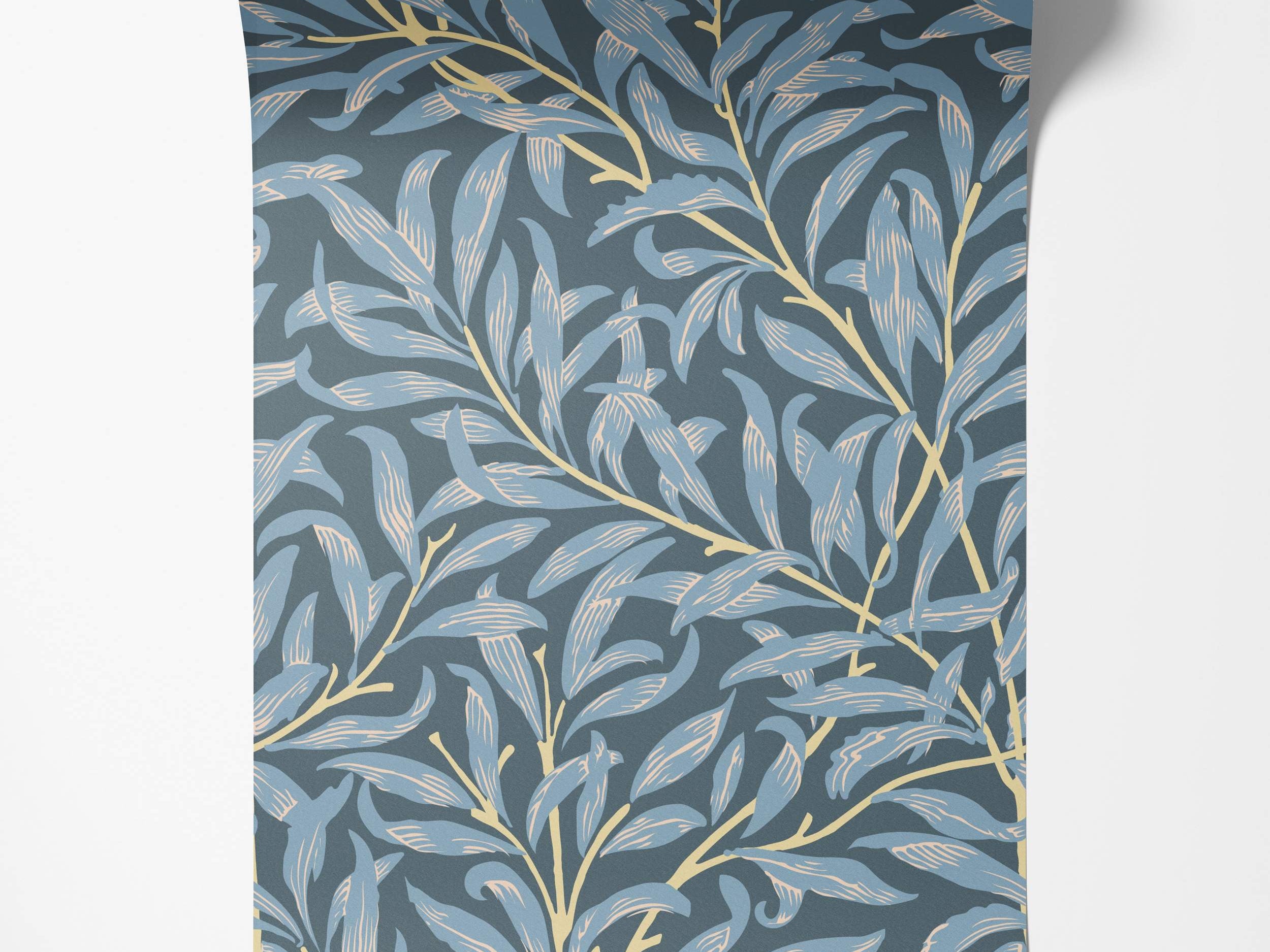 Wallpaper featuring stylized blue leaves and pale yellow branches intertwined on a dark blue-gray background.