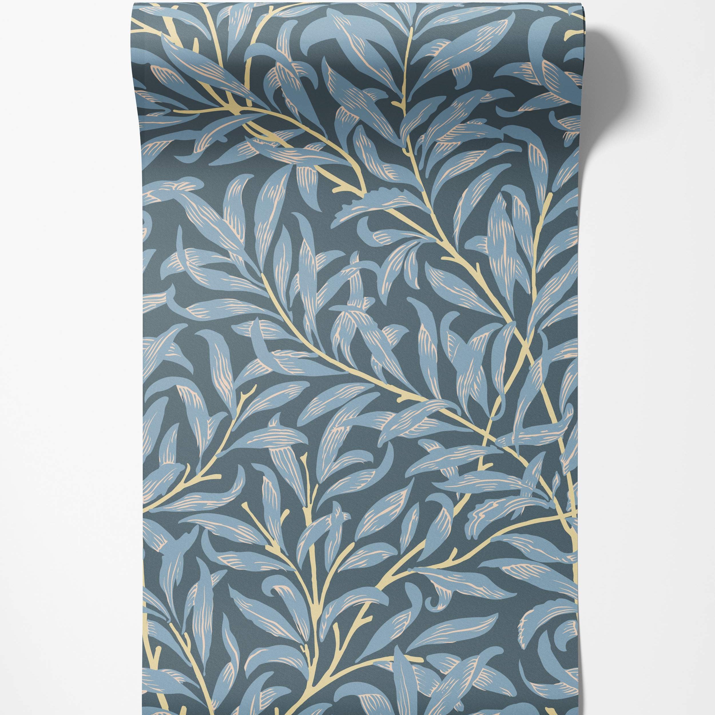 Wallpaper featuring stylized blue leaves and pale yellow branches intertwined on a dark blue-gray background.