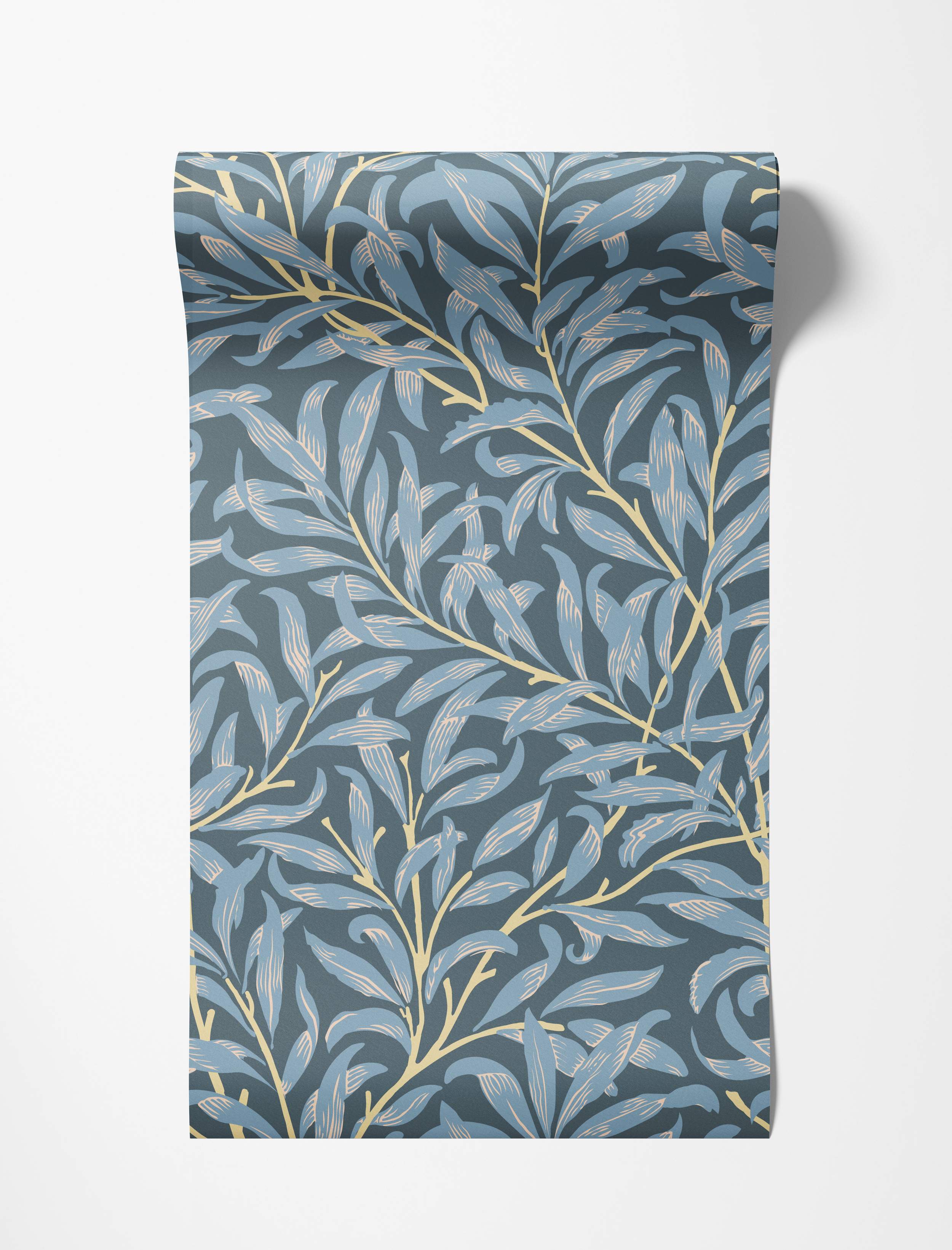 Wallpaper featuring stylized blue leaves and pale yellow branches intertwined on a dark blue-gray background.