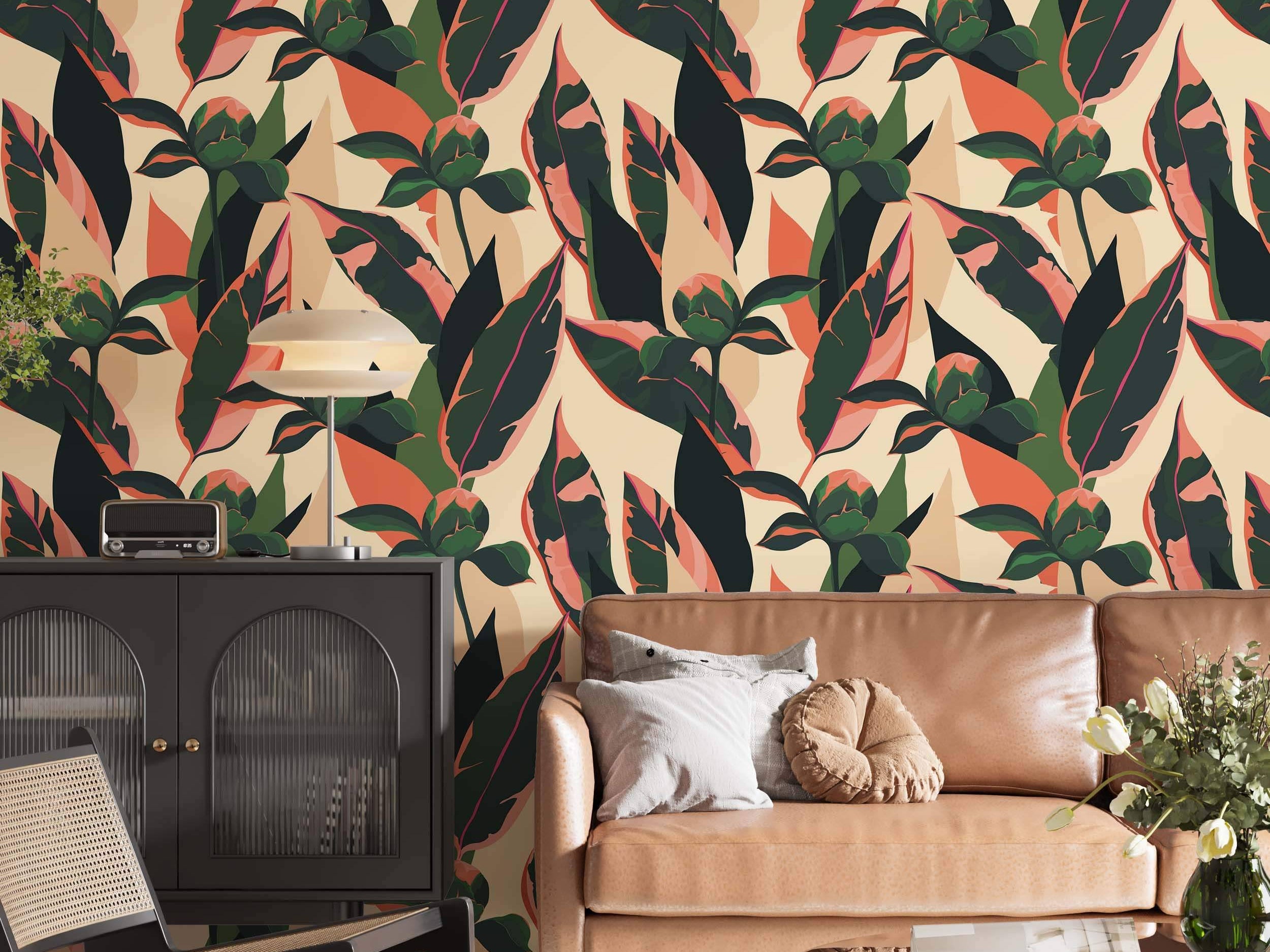 Wallpaper featuring a bold botanical print with green, pink, and dark leaves and flower buds on a light beige background.