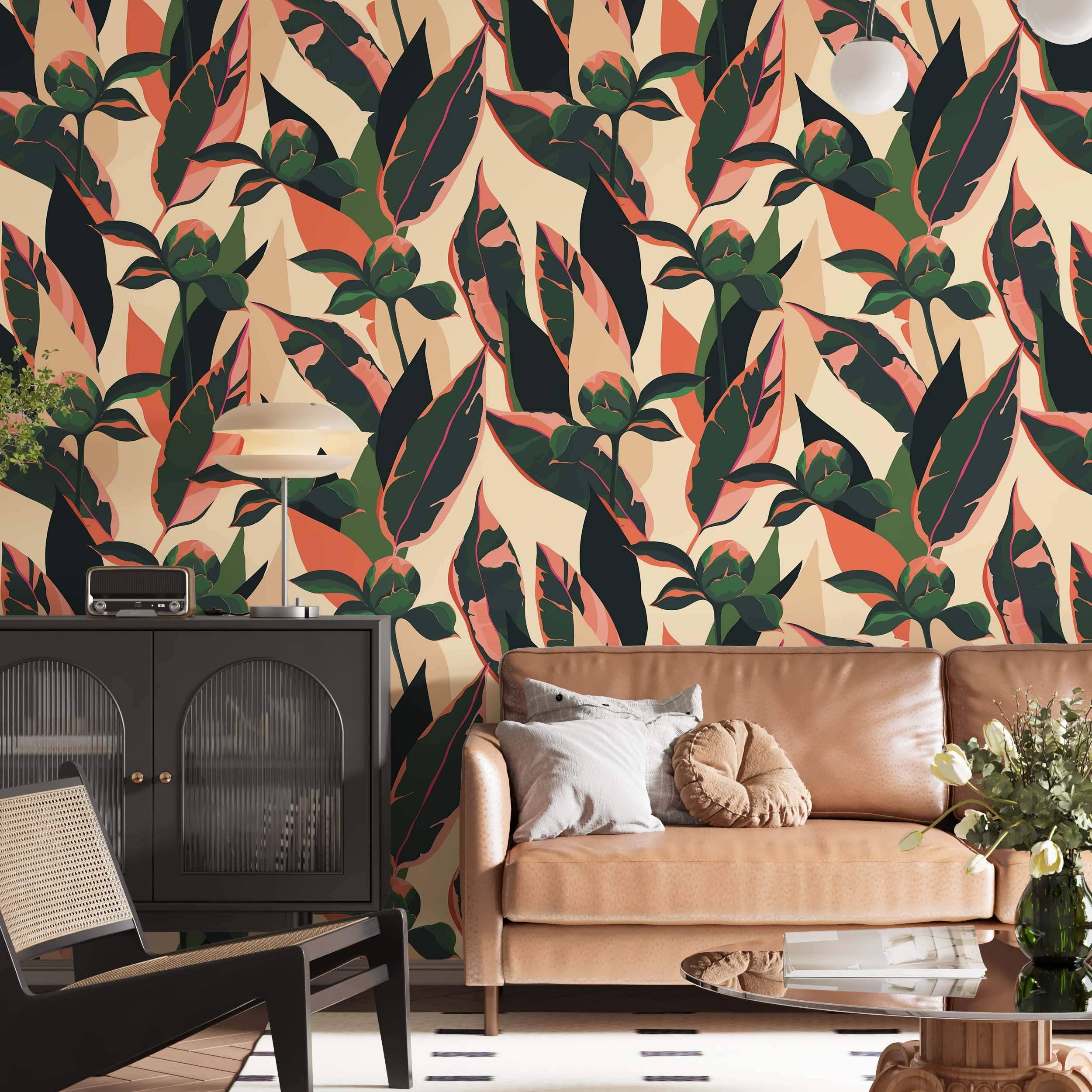 Wallpaper featuring a bold botanical print with green, pink, and dark leaves and flower buds on a light beige background.