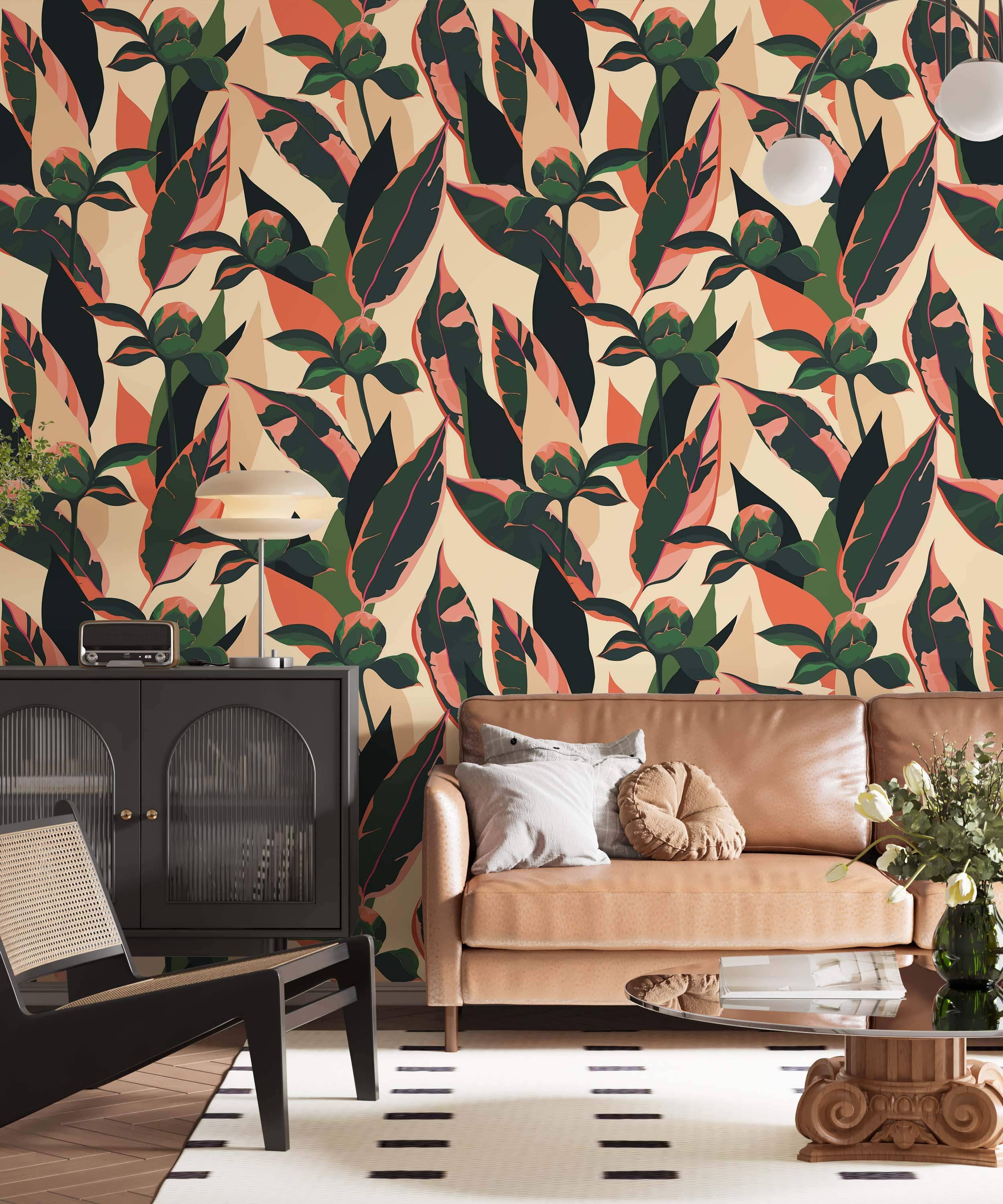 Wallpaper featuring a bold botanical print with green, pink, and dark leaves and flower buds on a light beige background.