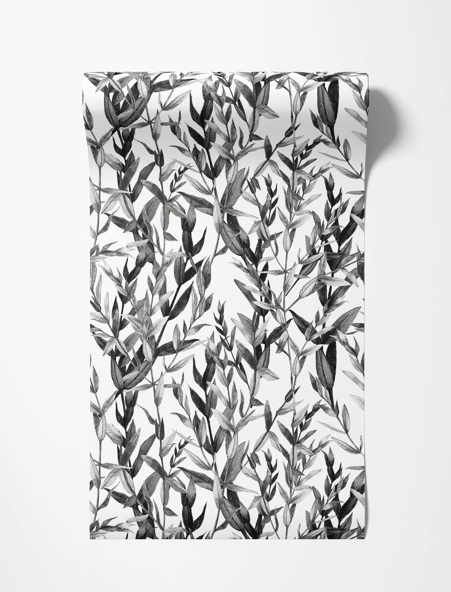 Grayscale wallpaper featuring a repeating pattern of sketched botanical leaves.