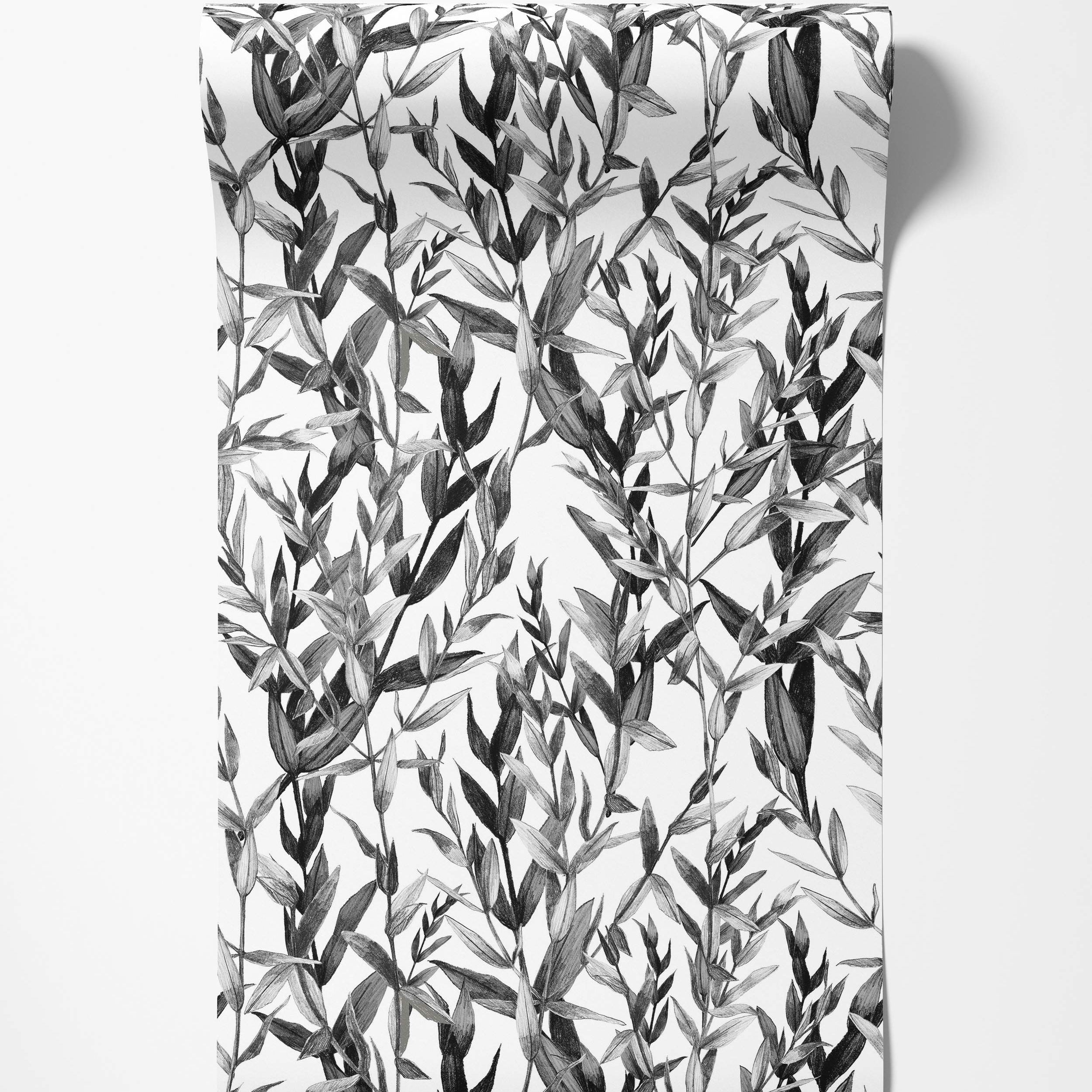 Grayscale wallpaper featuring a repeating pattern of sketched botanical leaves.
