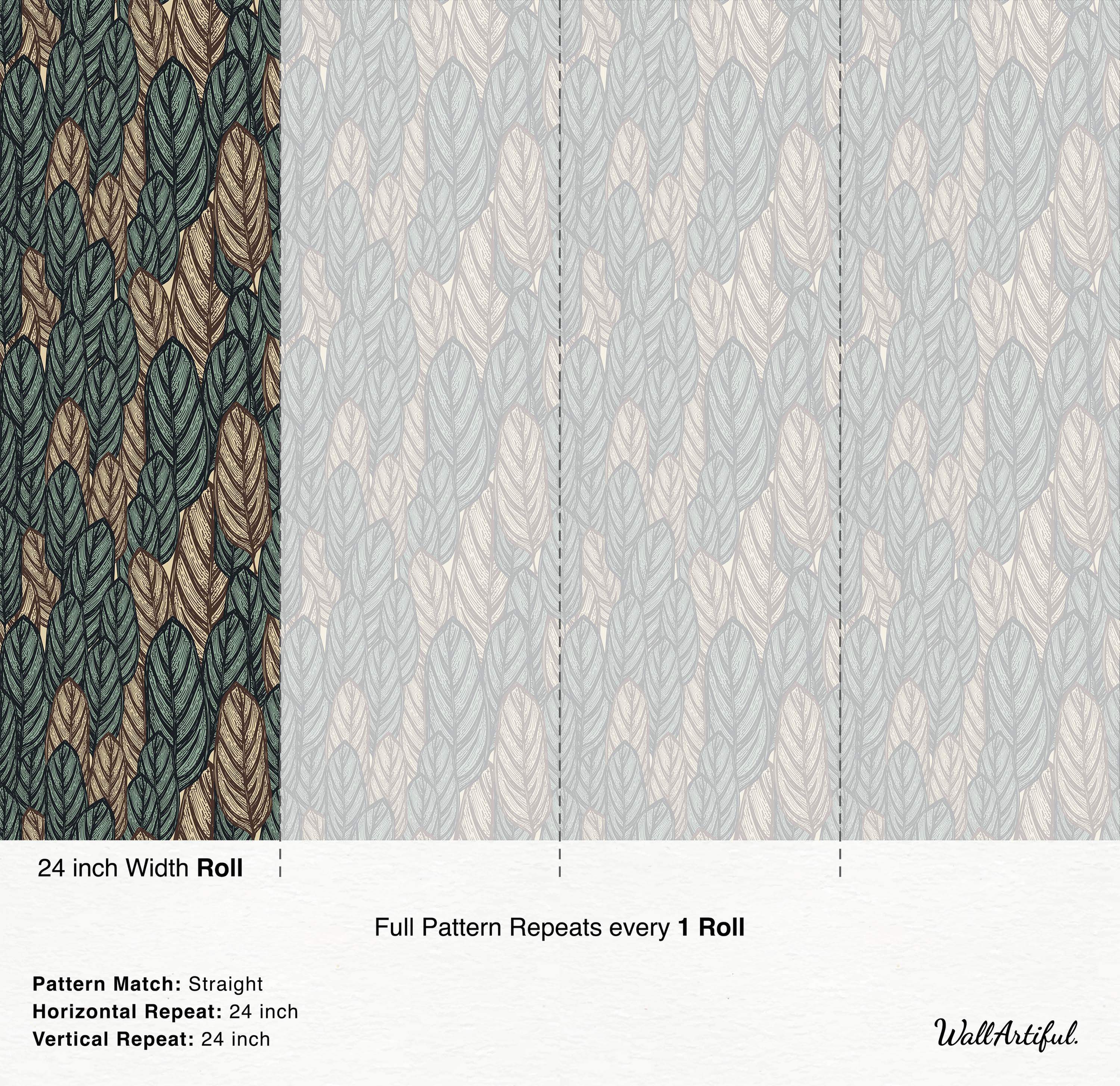 Botanical wallpaper featuring stylized, overlapping leaves in shades of green, brown, and tan with dark line details.